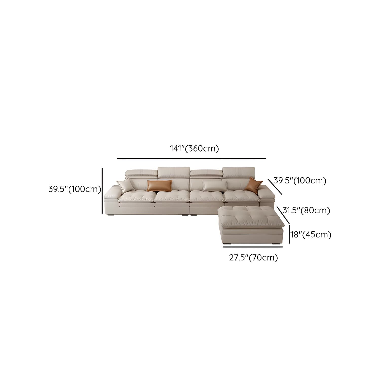 Modern Beige Faux Leather Stationary Sectional Sofa with Adjustable Headrest and Wood Frame - image 13