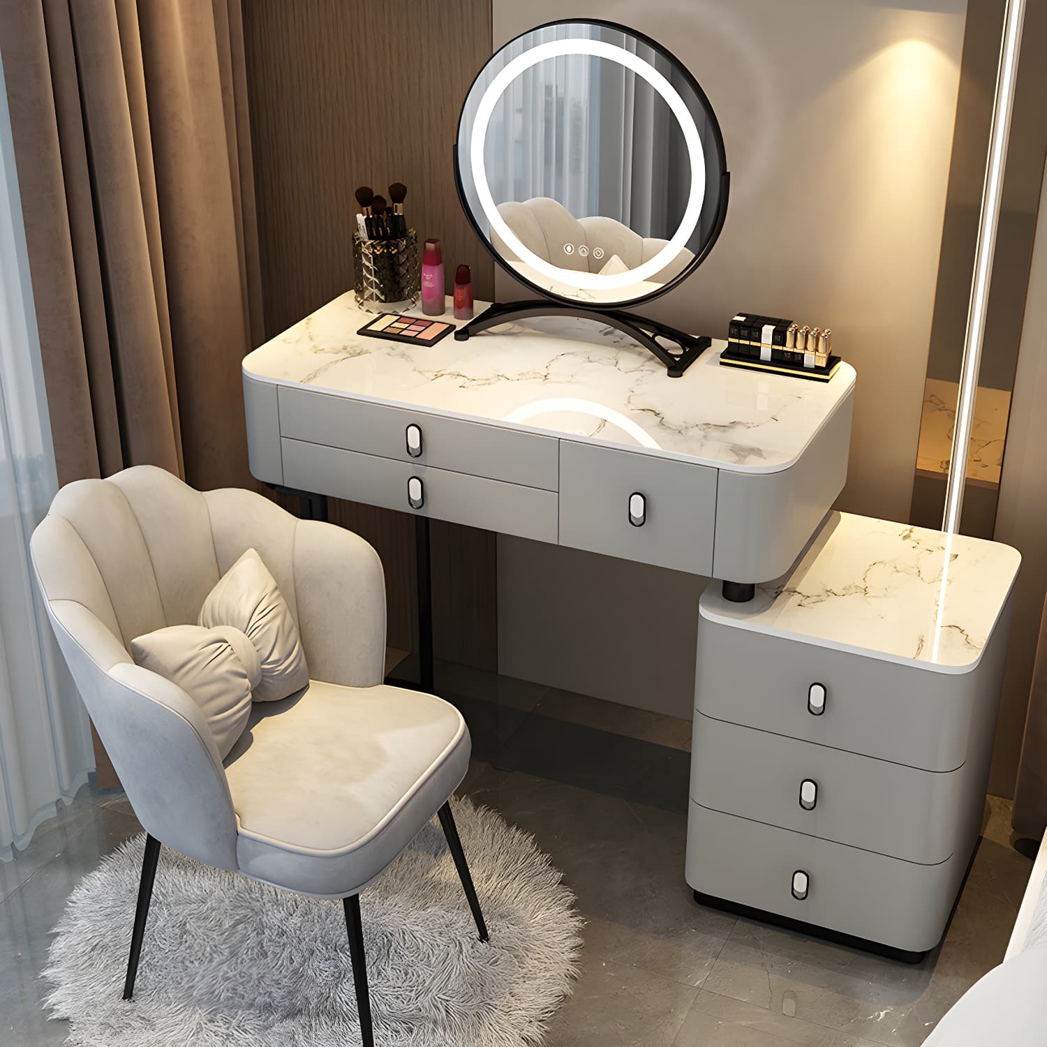 Solid Wood Vanity with 6 Storage Drawers Makeup Vanity Desk with Stool and Mirror