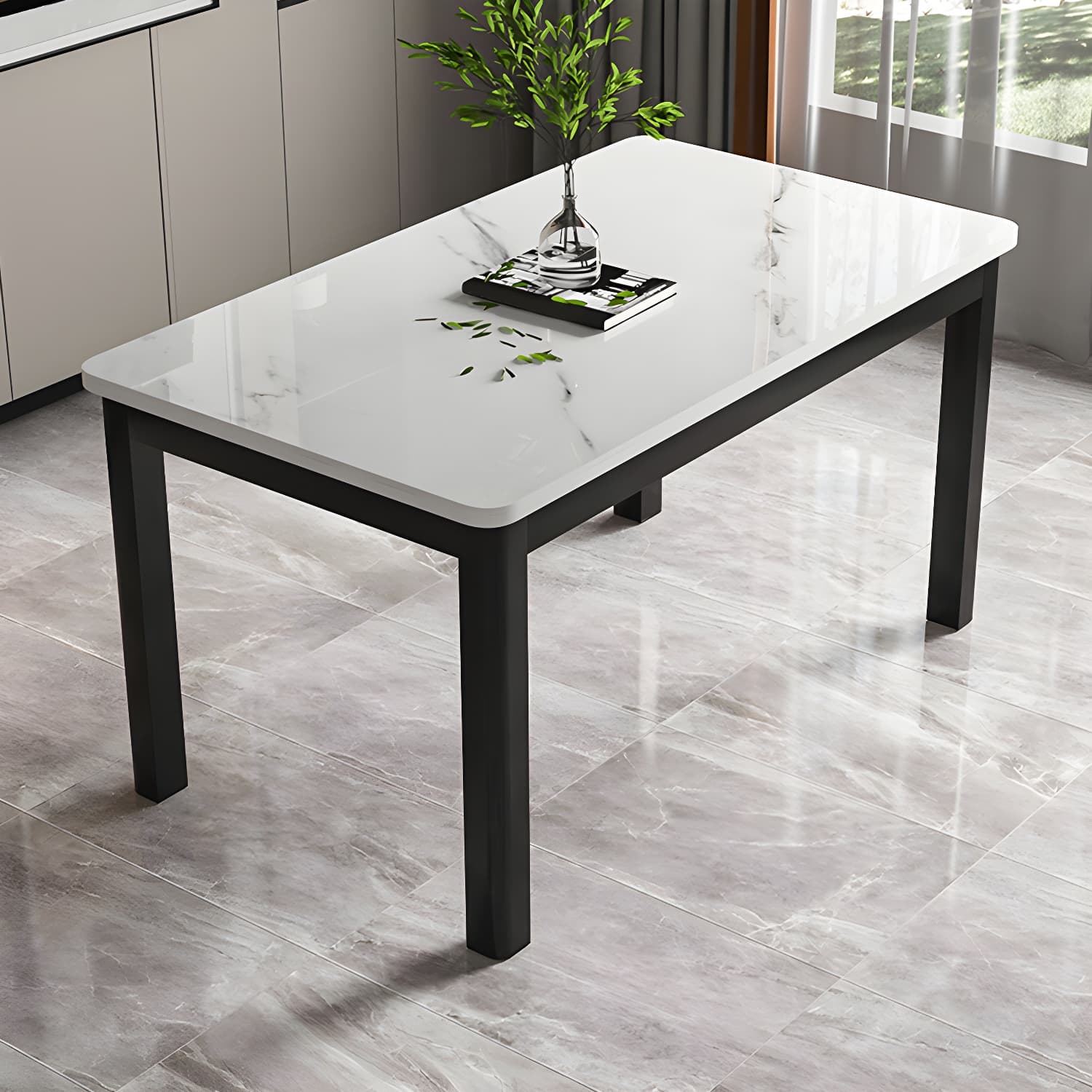 Modern Rectangular Glass Top Dining Table with White and Black 4 Foot