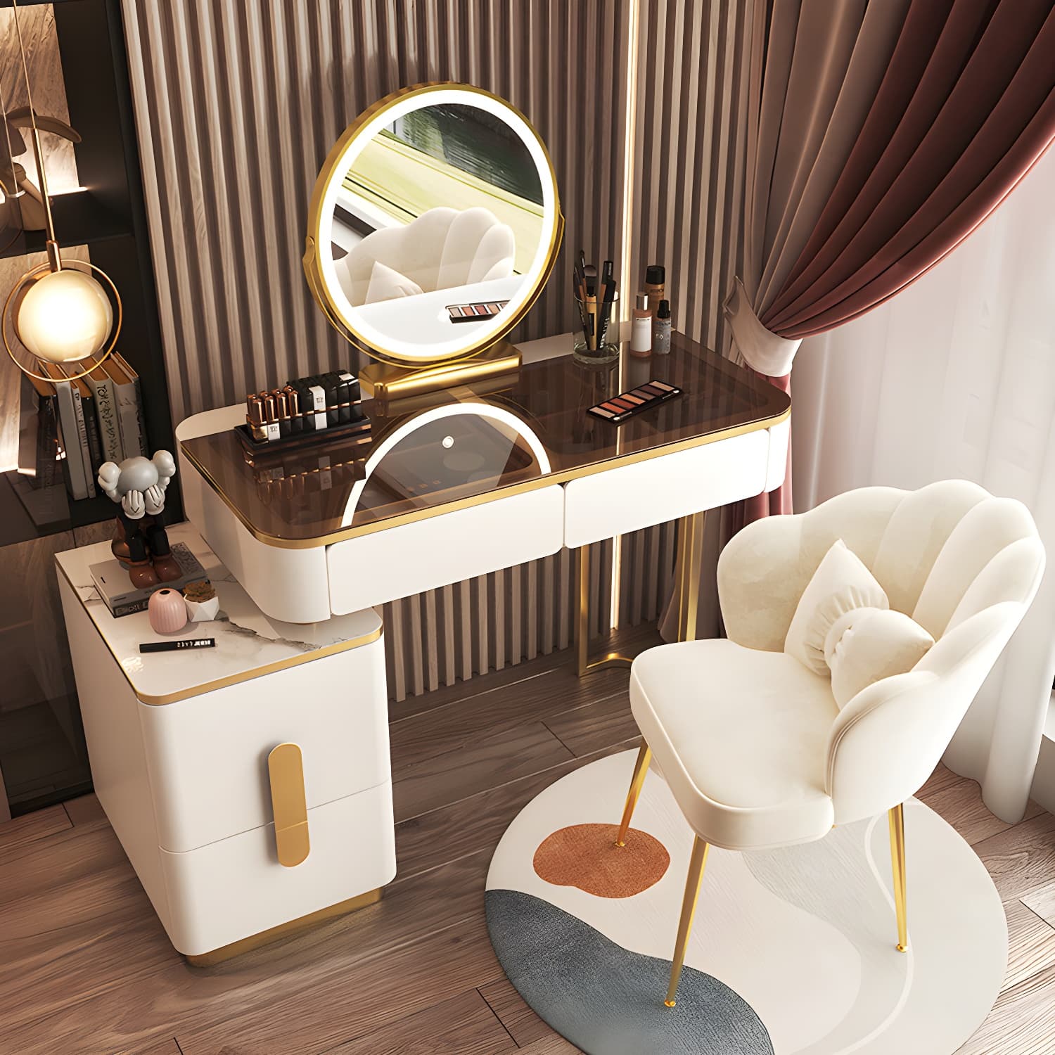 Glass Top Make-up Vanity Wood Dressing Table with Storage Drawers