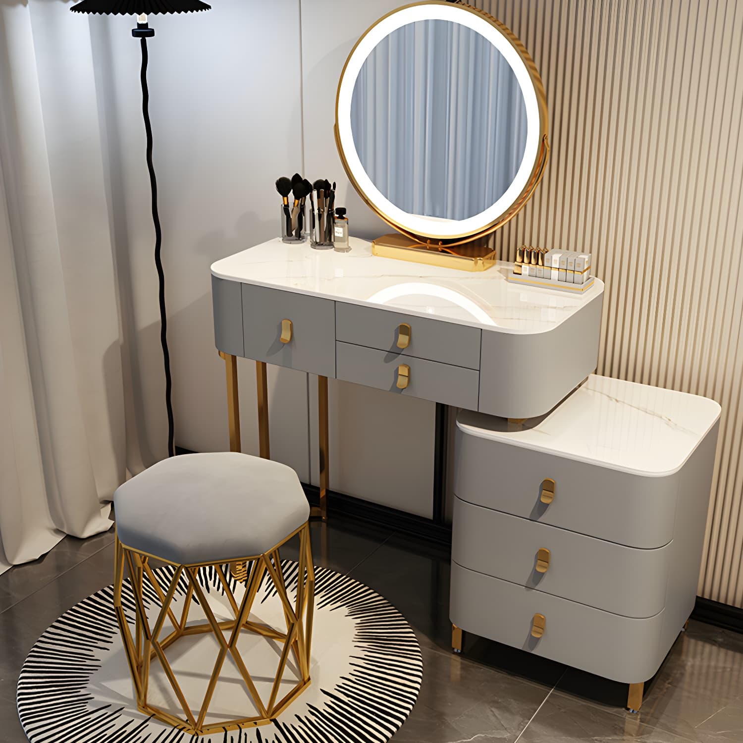 Contemporary Make-up Vanity with Stone Top and Storage Drawers - image 12