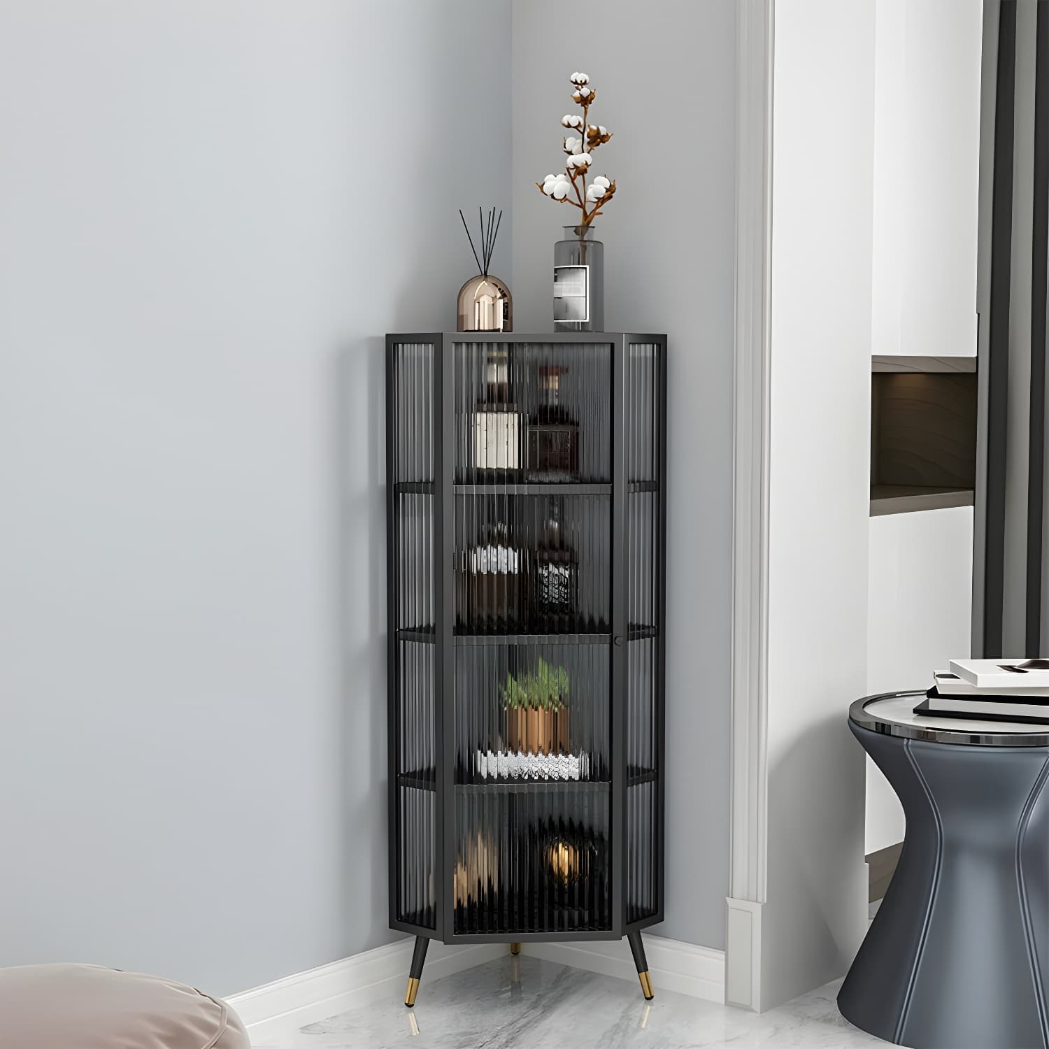 Urban Modern Iron Corner Accent Cabinet with Glass Doors and Exterior Shelving - image 3