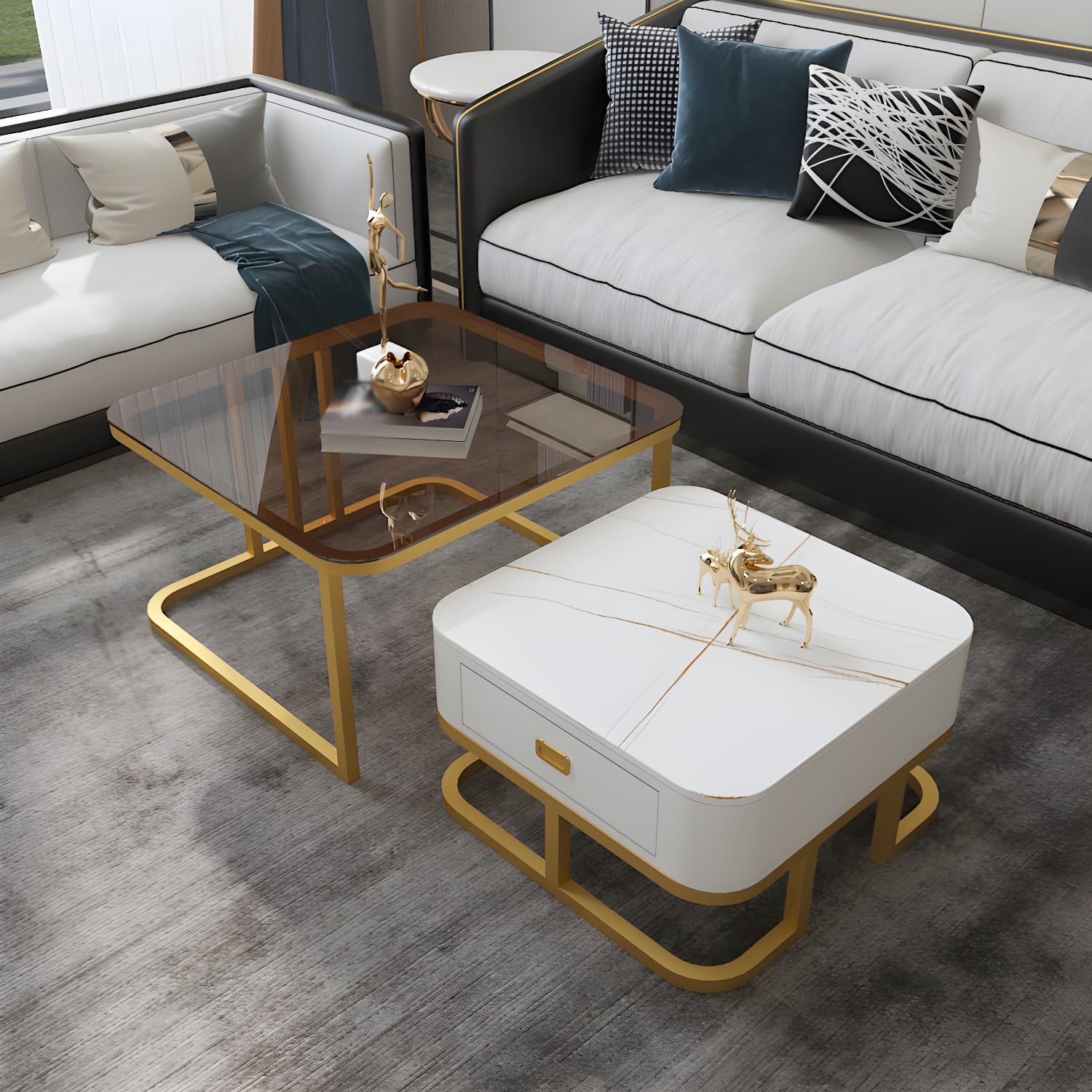 Round Slate/ Glass Coffee Table Frame 2 Nesting Cocktail Table with Storage