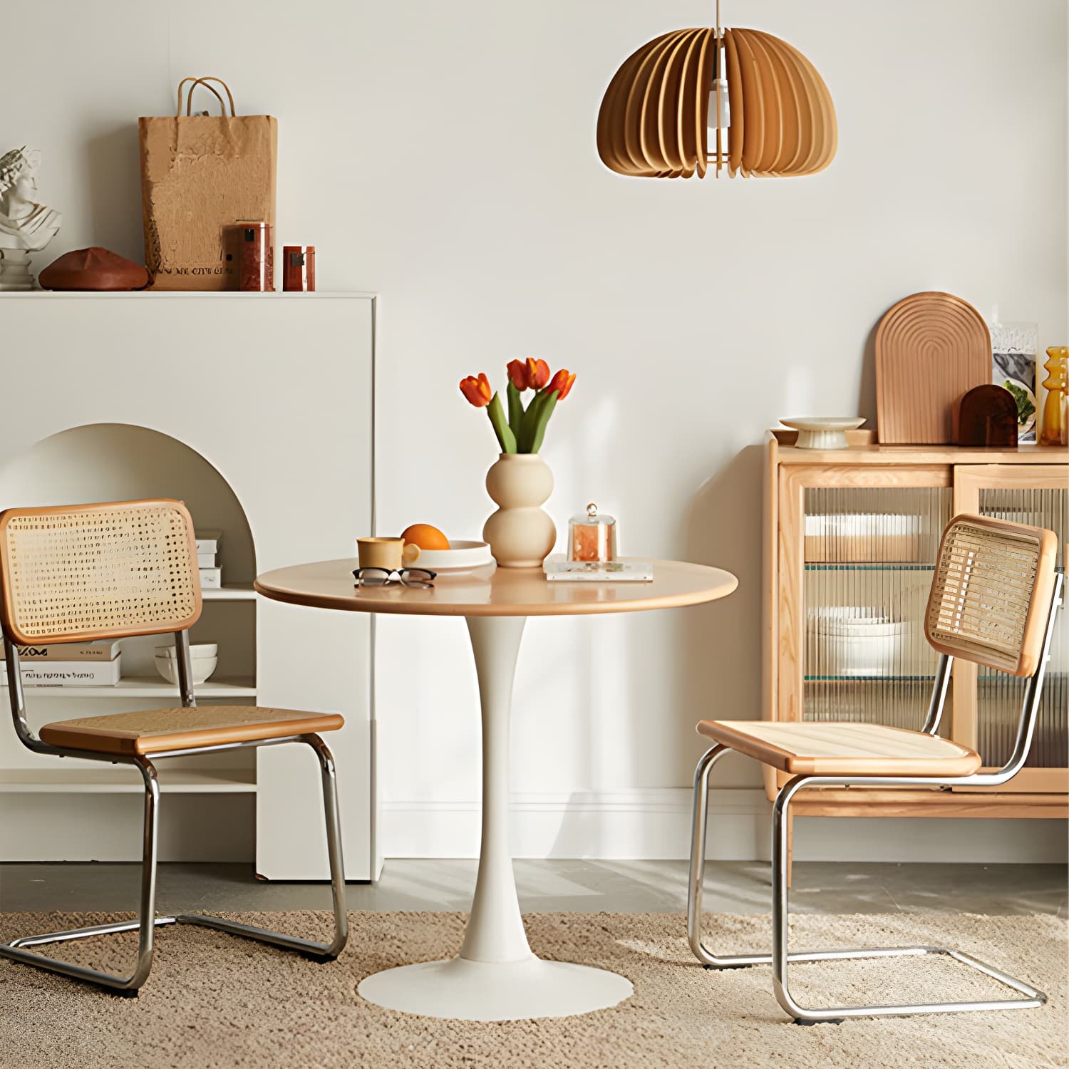 White Round Wood Dining Table with Steel Tulip Base, Modern Design - image 4