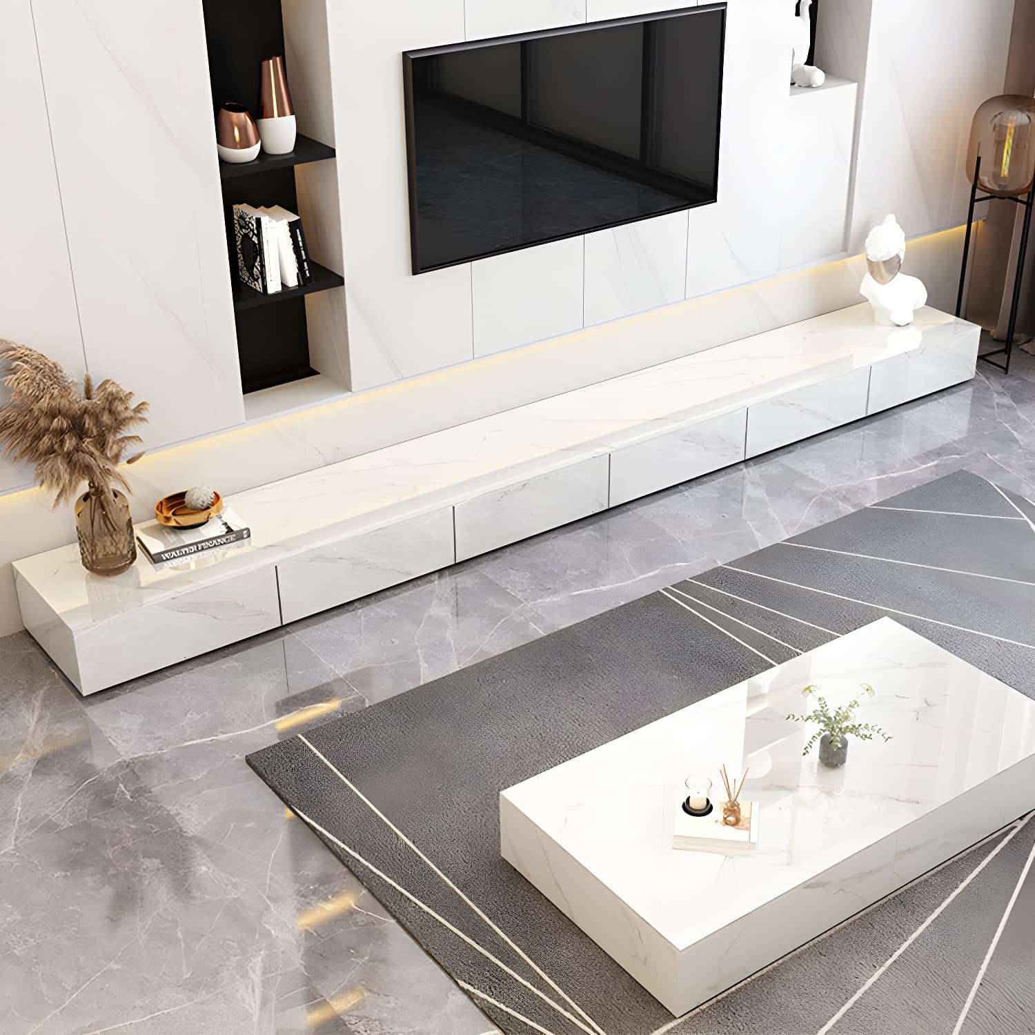Stone TV Stand Modern TV Console with 6 Drawers Included, White - image 4