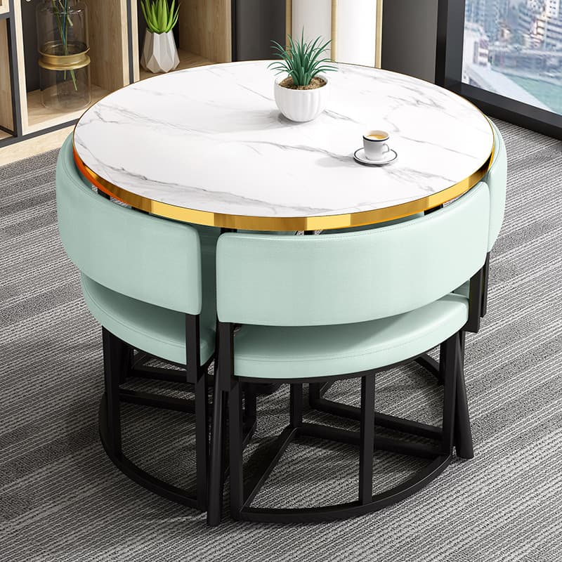 Art Deco Circular-shaped Upholstered Chair Metal & Faux Wood Dining Table Set with Upholstered Back in White, 5 Pieces - image 15