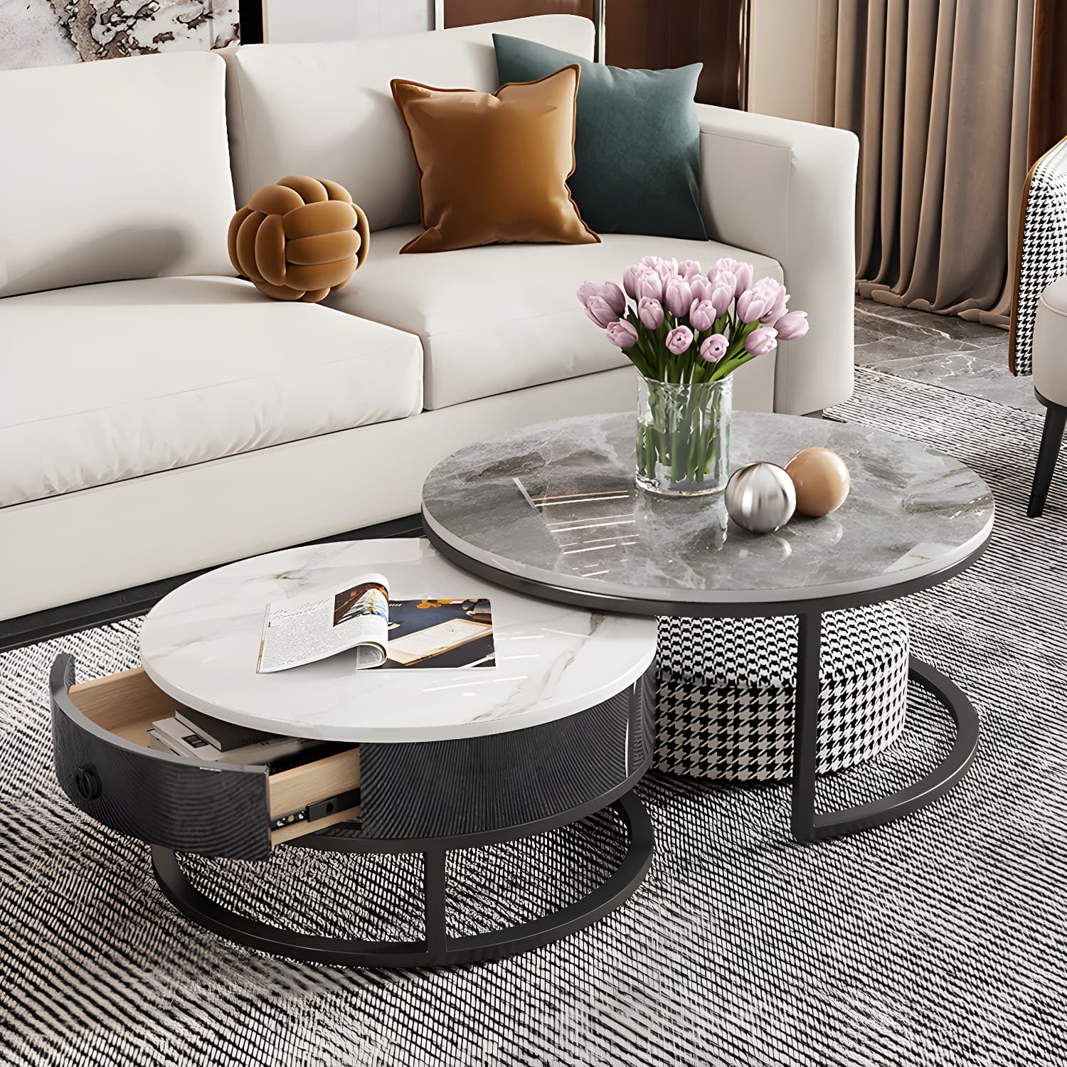 Slate Round Frame Coffee Table Modern Nesting Coffee Table Set with Drawer - image 4