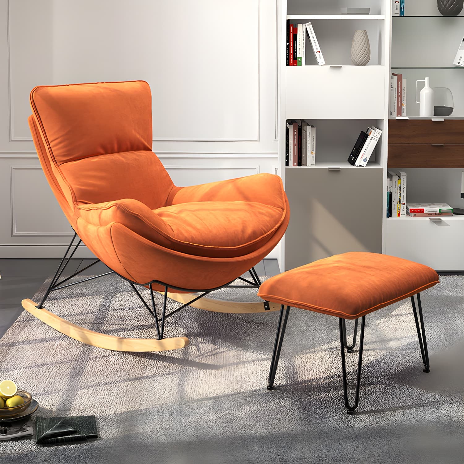 Contemporary Upholstered Rocker Chair Metal Frame Spindle Rocker Chair for Living Room