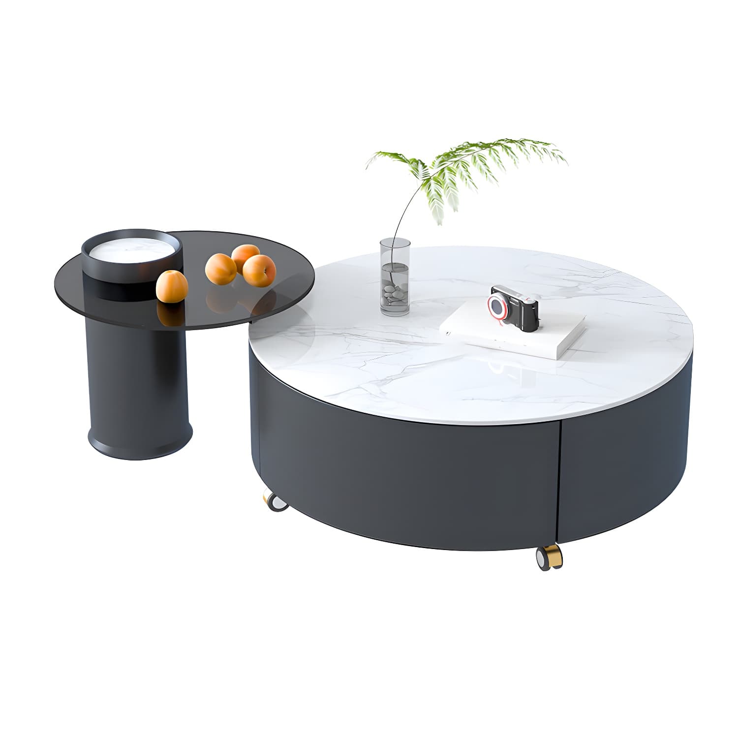 Stone Top Coffee Cocktail Table with Drawer Drum Contemporary Round - image 13