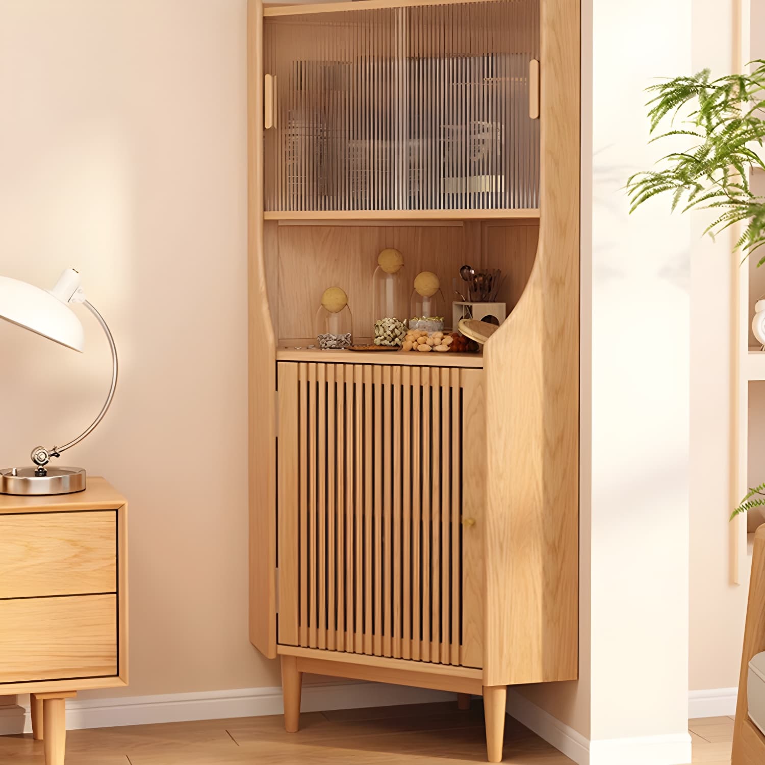 Corner Scandinavian Accent Cabinet with Wood Counter Top and Glass Doors, 2 Exterior Shelves - image 6