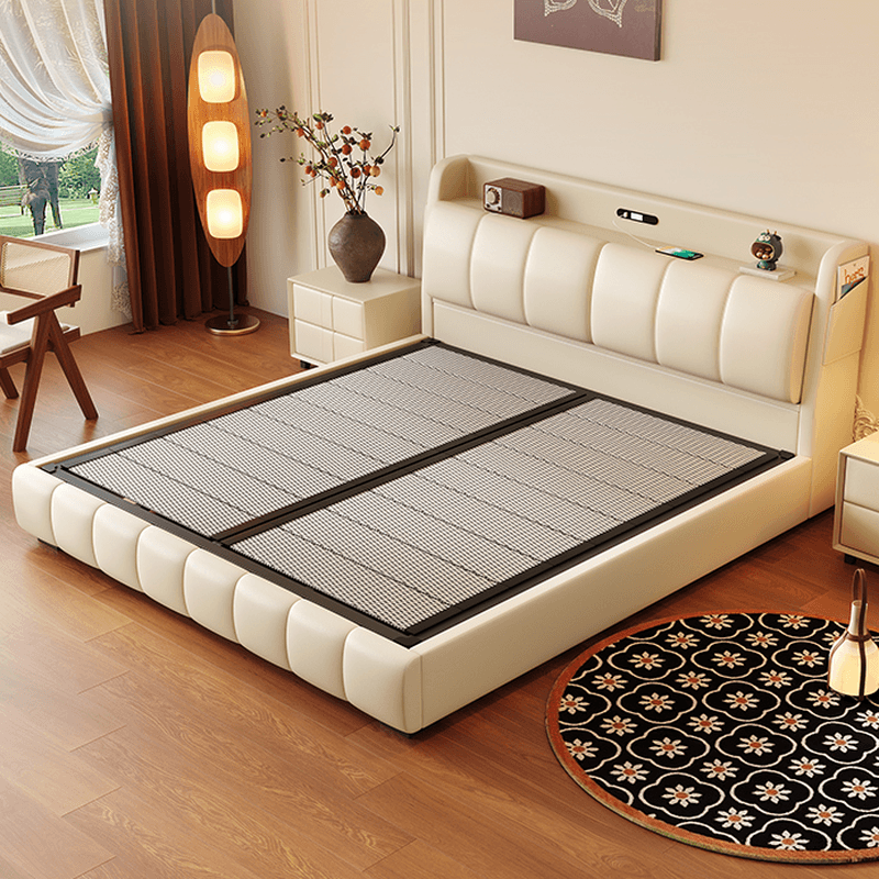 Storage Included Panel Bed with 3 Storage Boxes, Pine Wood Frame, Panel Headboard, Sponge Upholstery, and USB Charging Station