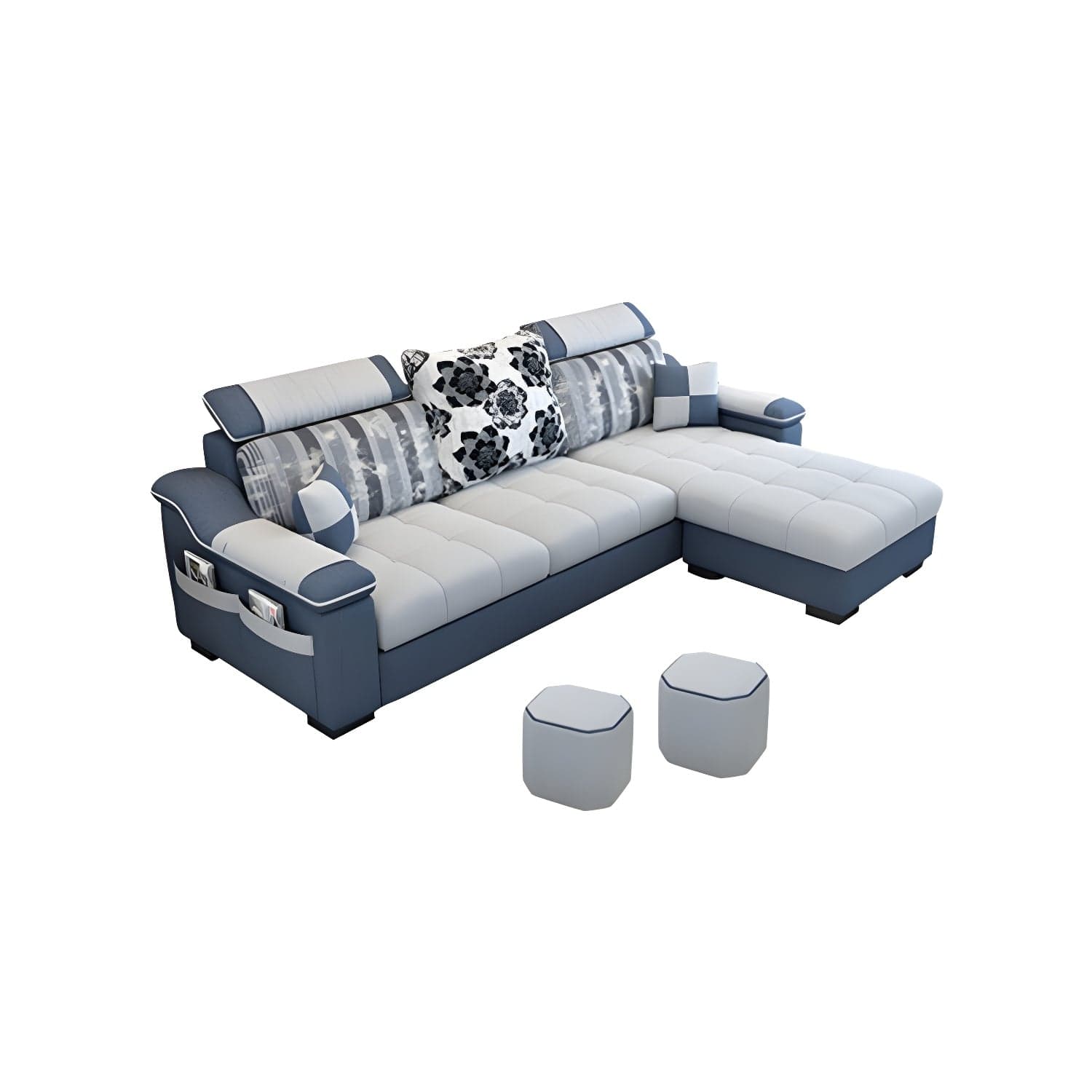 Modern Reversible Straight Sectional Sofa with Ottoman in Linen Upholstery, Sloped Arms - image 5