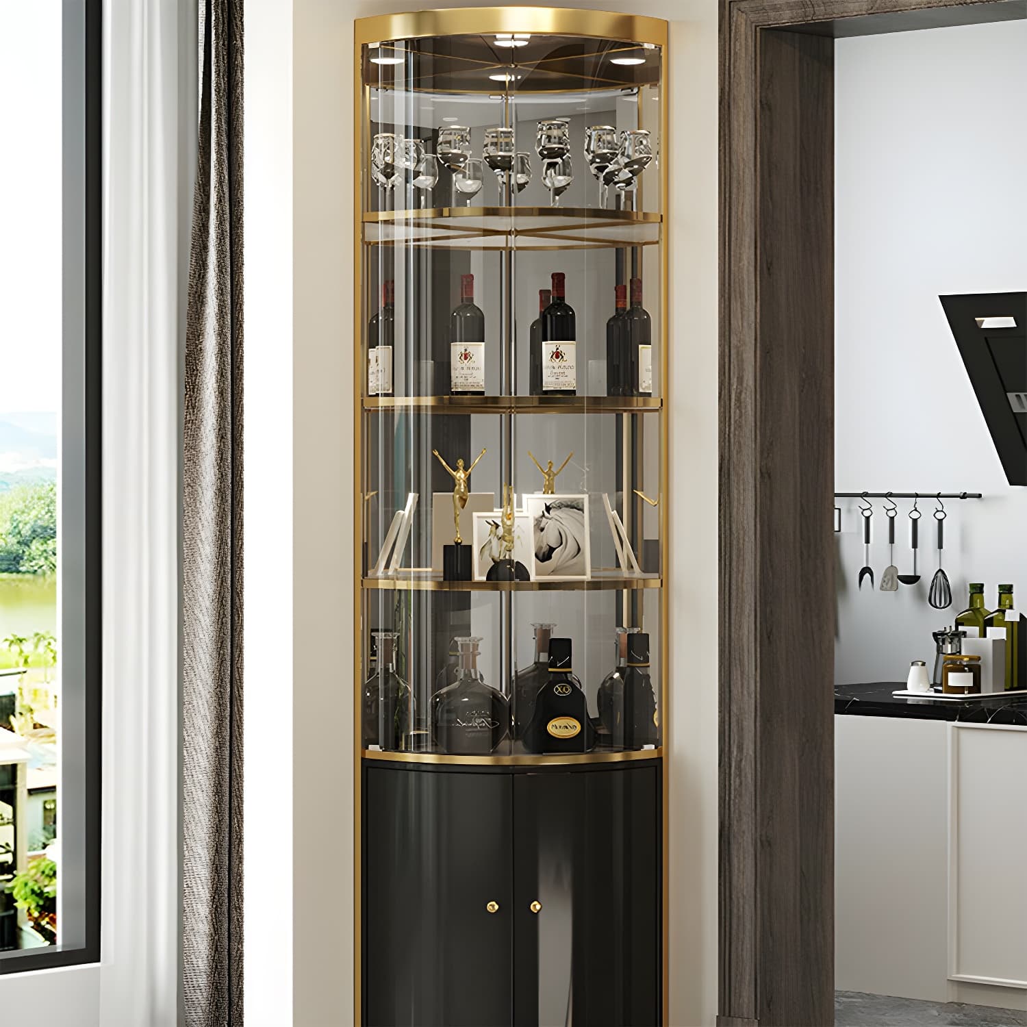 Modern Gold Corner Accent Cabinet with Glass Doors and Metal Counter Top - image 6