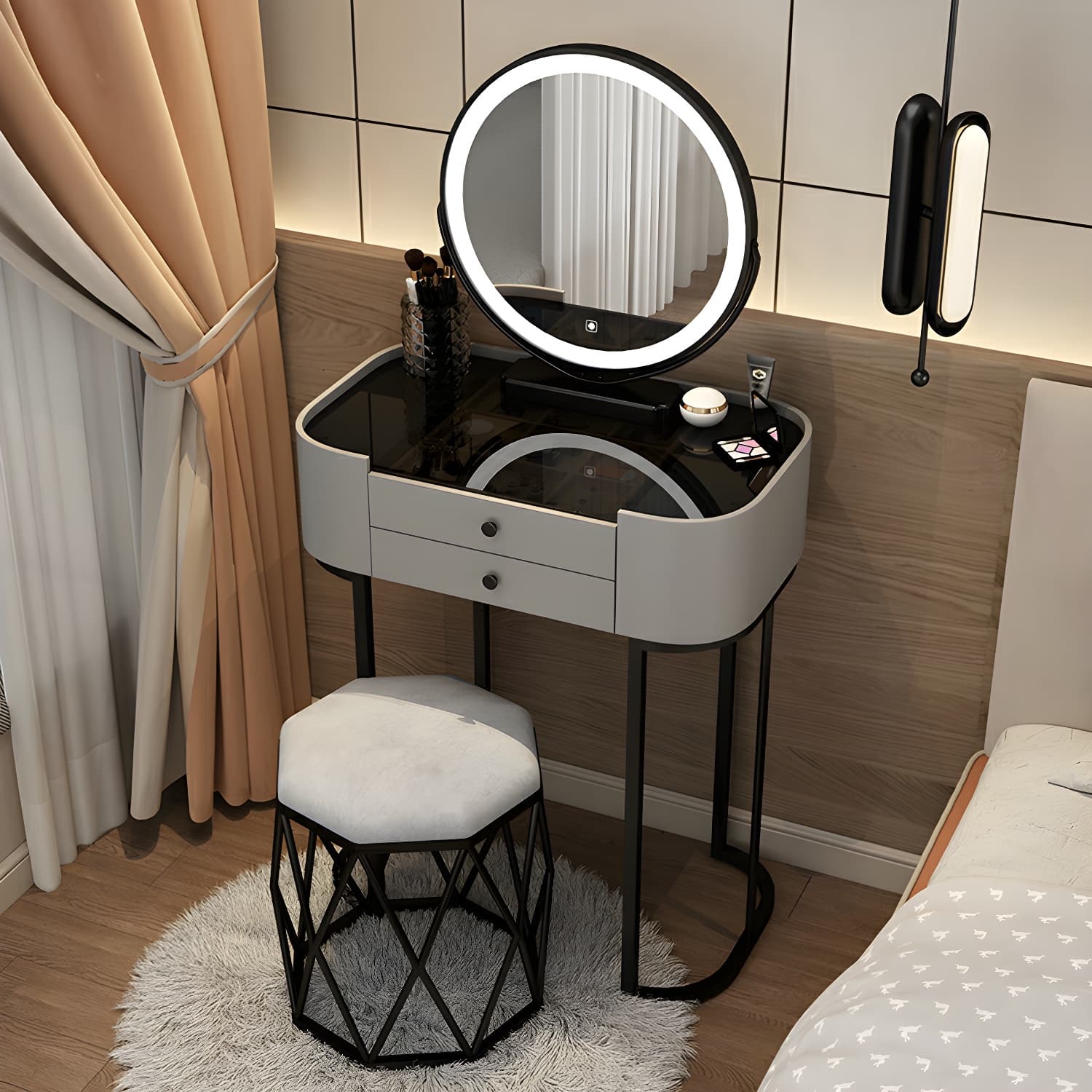 Contemporary Vanity Makeup Dressing Table Stool Set with Mirror