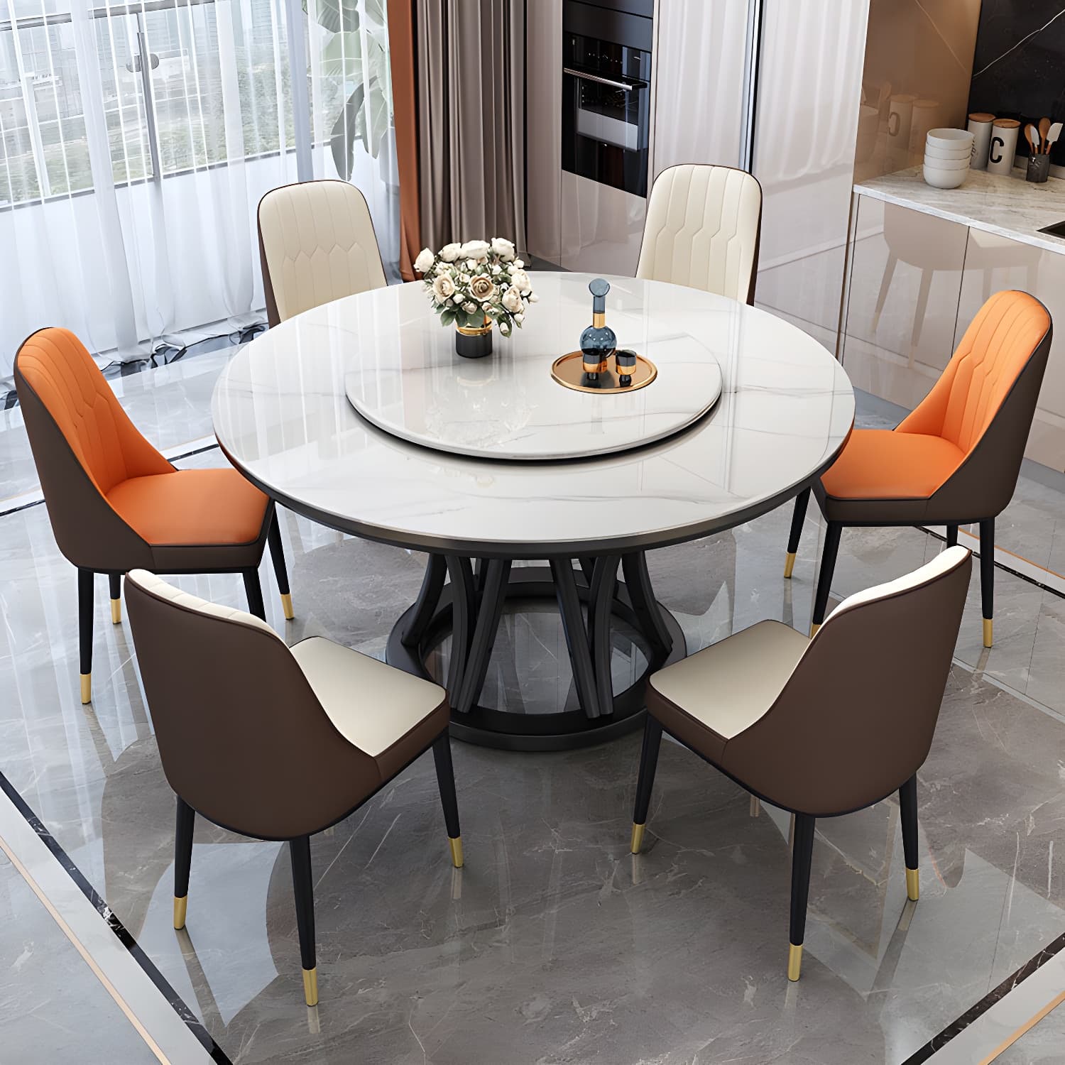 Modern Stone Round Folding Table Solid Wood Pedestal Casual Dining Table