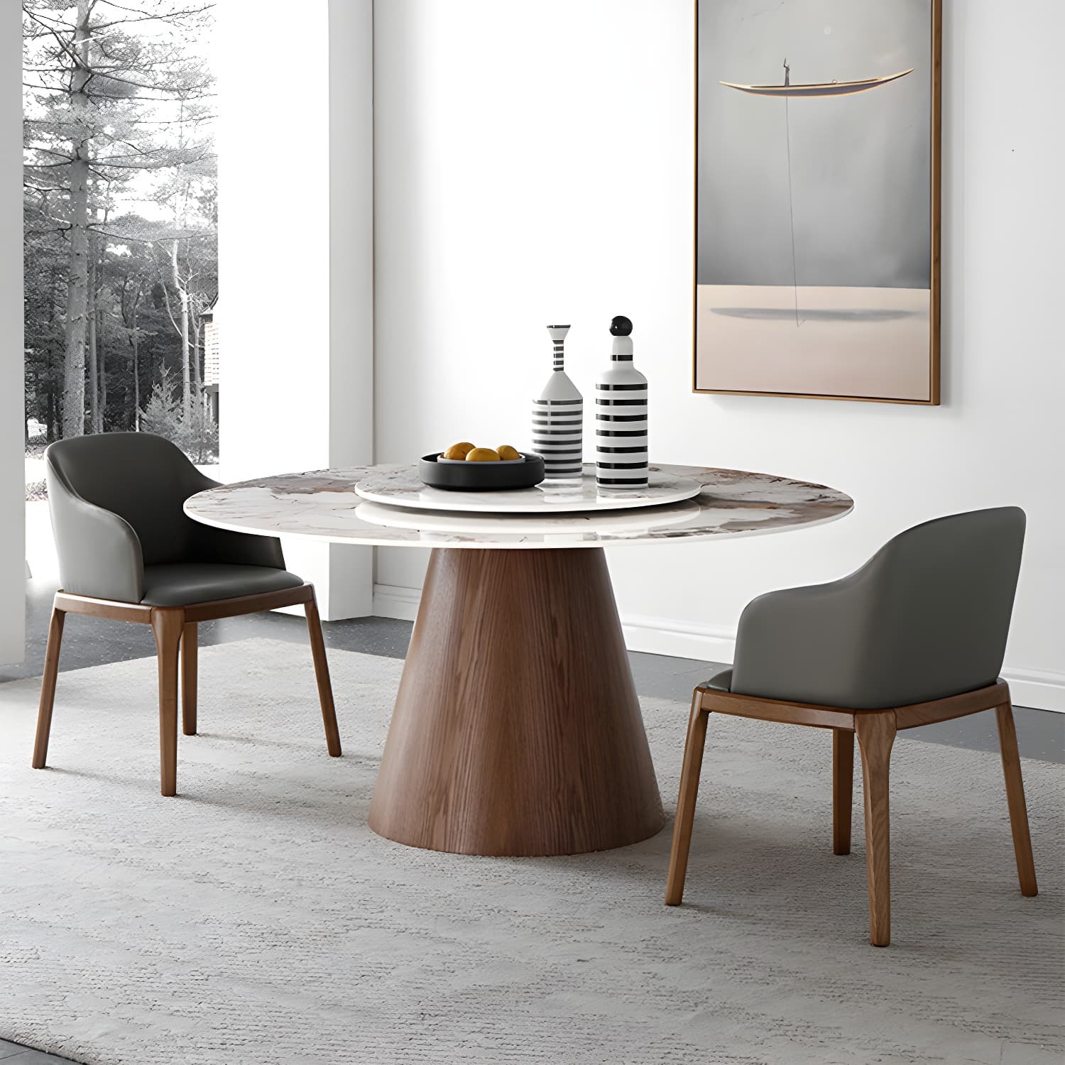 Round Sintered Stone Dining Table Stone Table in White with Pedestal - image 3