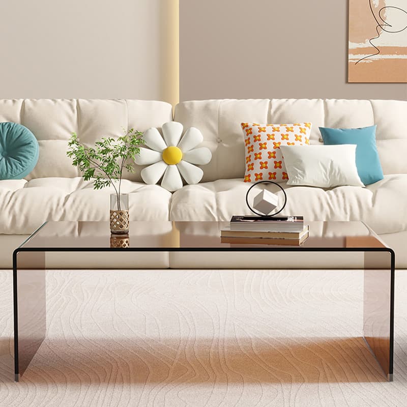 Rectangular Brown Glass Modern Coffee Table with Sleek Sled Base