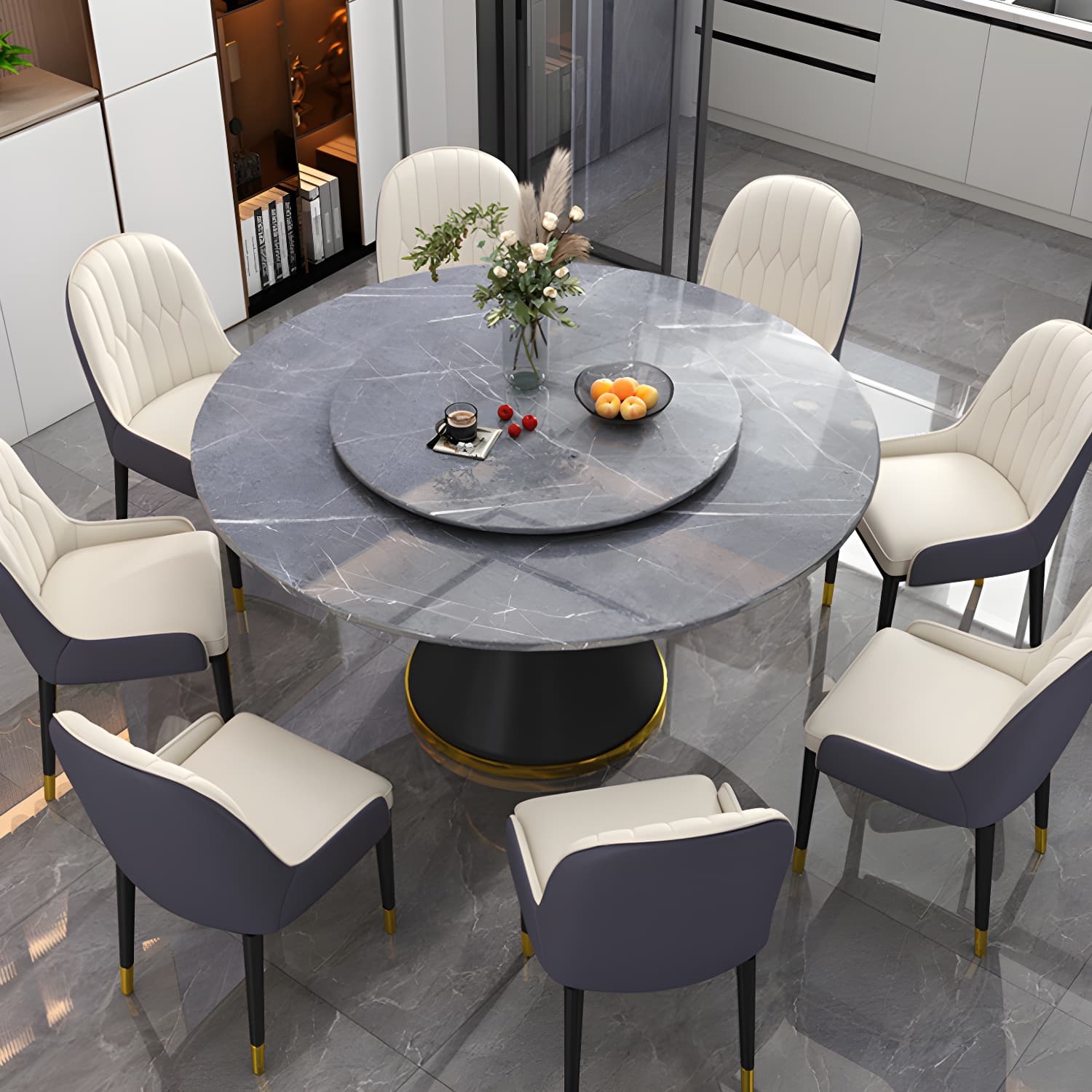 Stone Modern Round Dining Table with Black Steel Pedestal Base and Lazy Susan - image 14