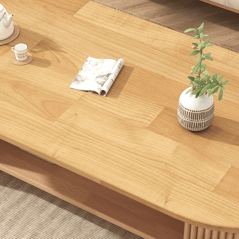 Oval Natural Wood Coffee Table with Twin Support Base, Repository, and 1 Shelf - image 12