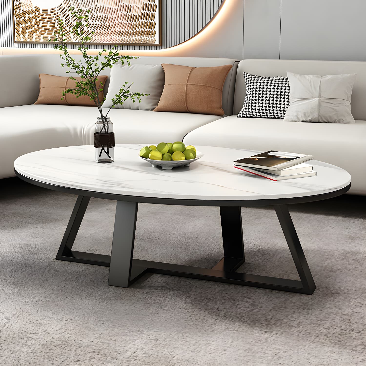 Metal Cross Legs Cocktail Table Luxurious Oval Stone Top Coffee Table - image 13