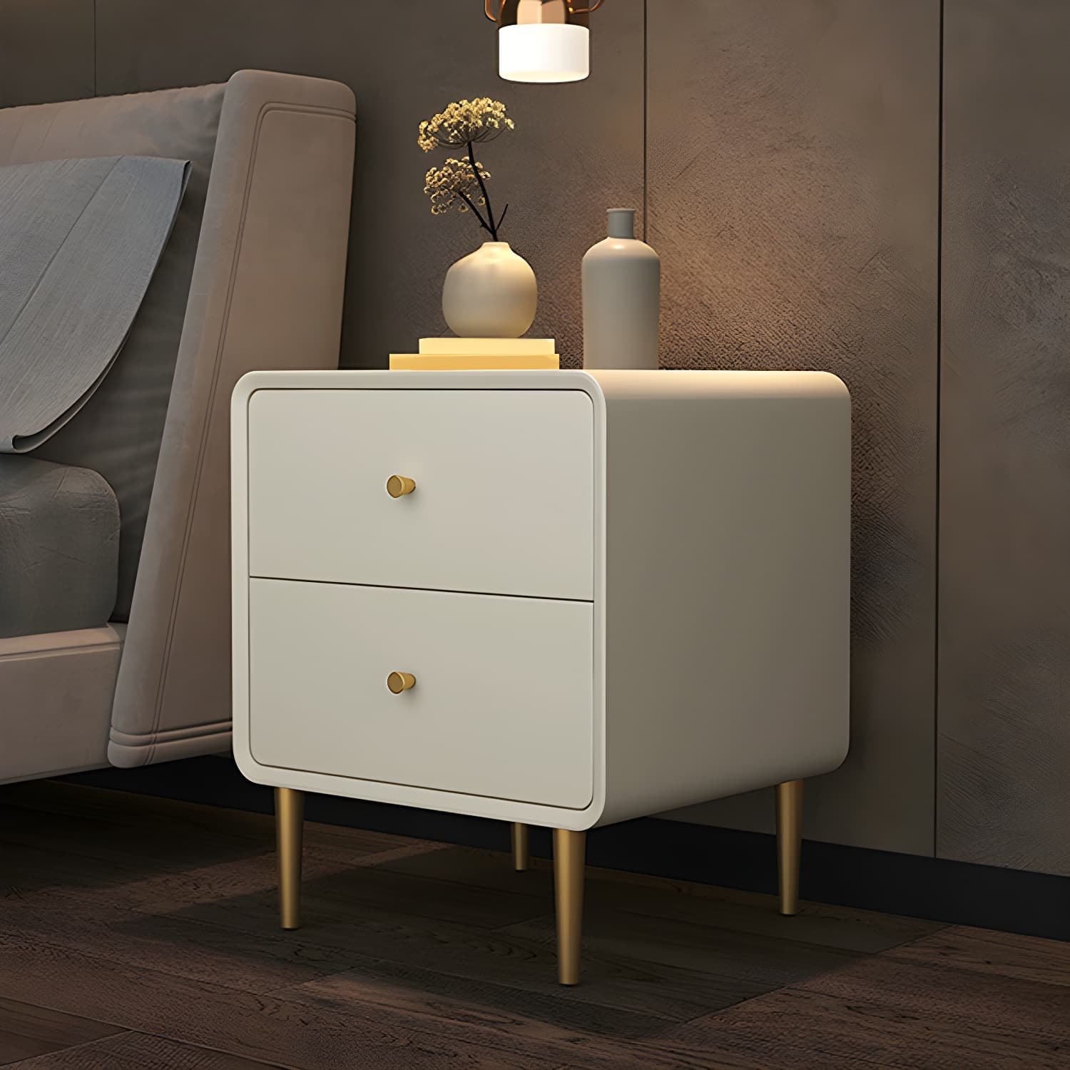 Glam Pine Wood Nightstand with Leather Countertop and 2 Drawers - Small Size - image 14