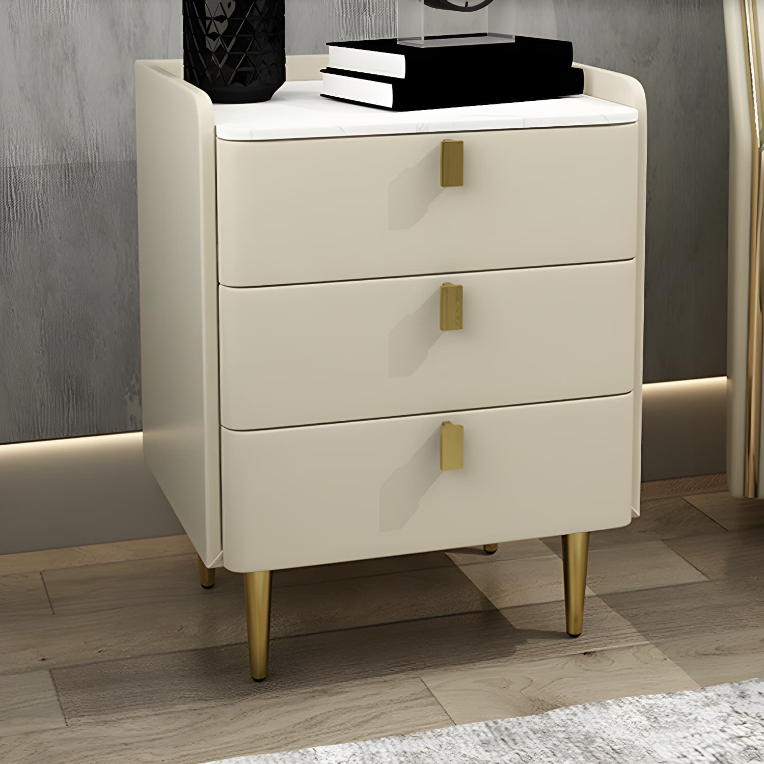 Faux Leather Nightstand Modern 3 - Drawer Nightstand with Stone Top - image 6