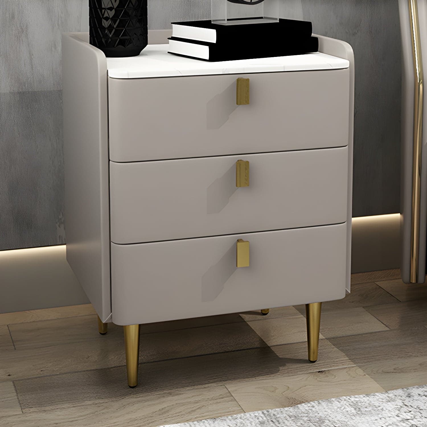 Faux Leather Nightstand Modern 3 - Drawer Nightstand with Stone Top - image 7