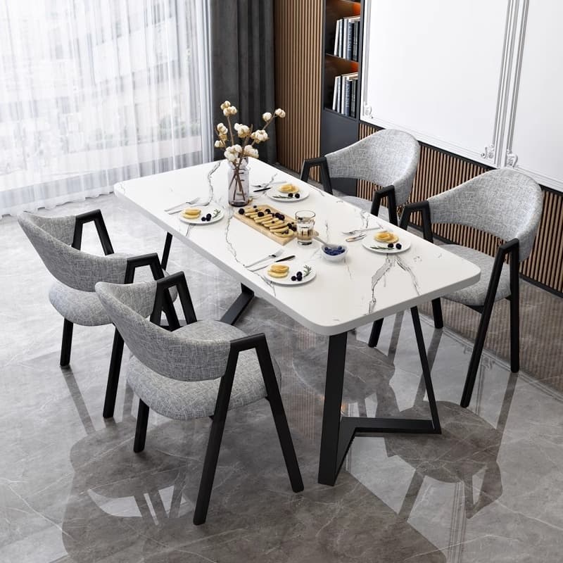 Dining Table Set with Sleighing Slate Top and Padded Chair with Back and Armrest, 5-piece in White - image 3