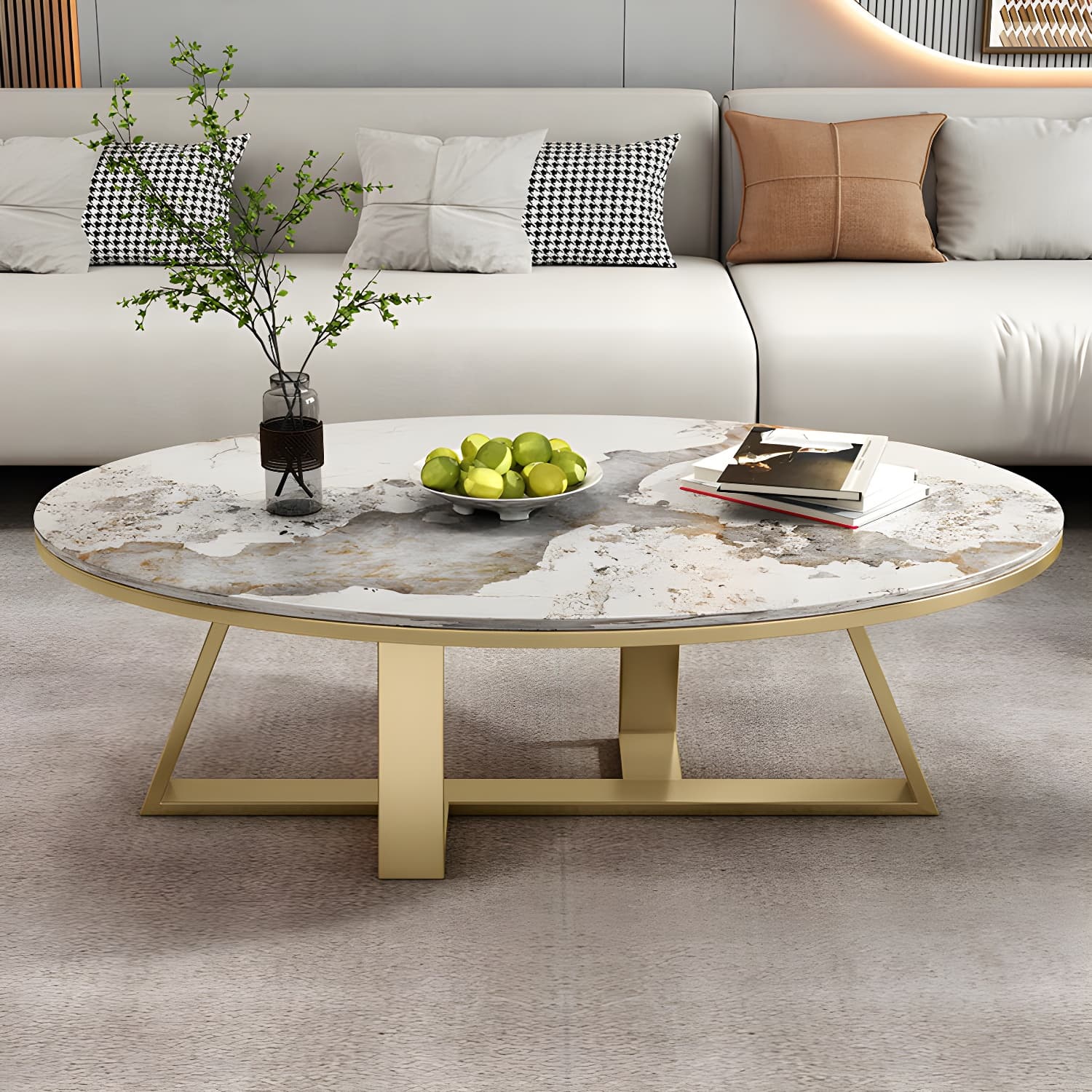 Metal Cross Legs Cocktail Table Luxurious Oval Stone Top Coffee Table - image 3