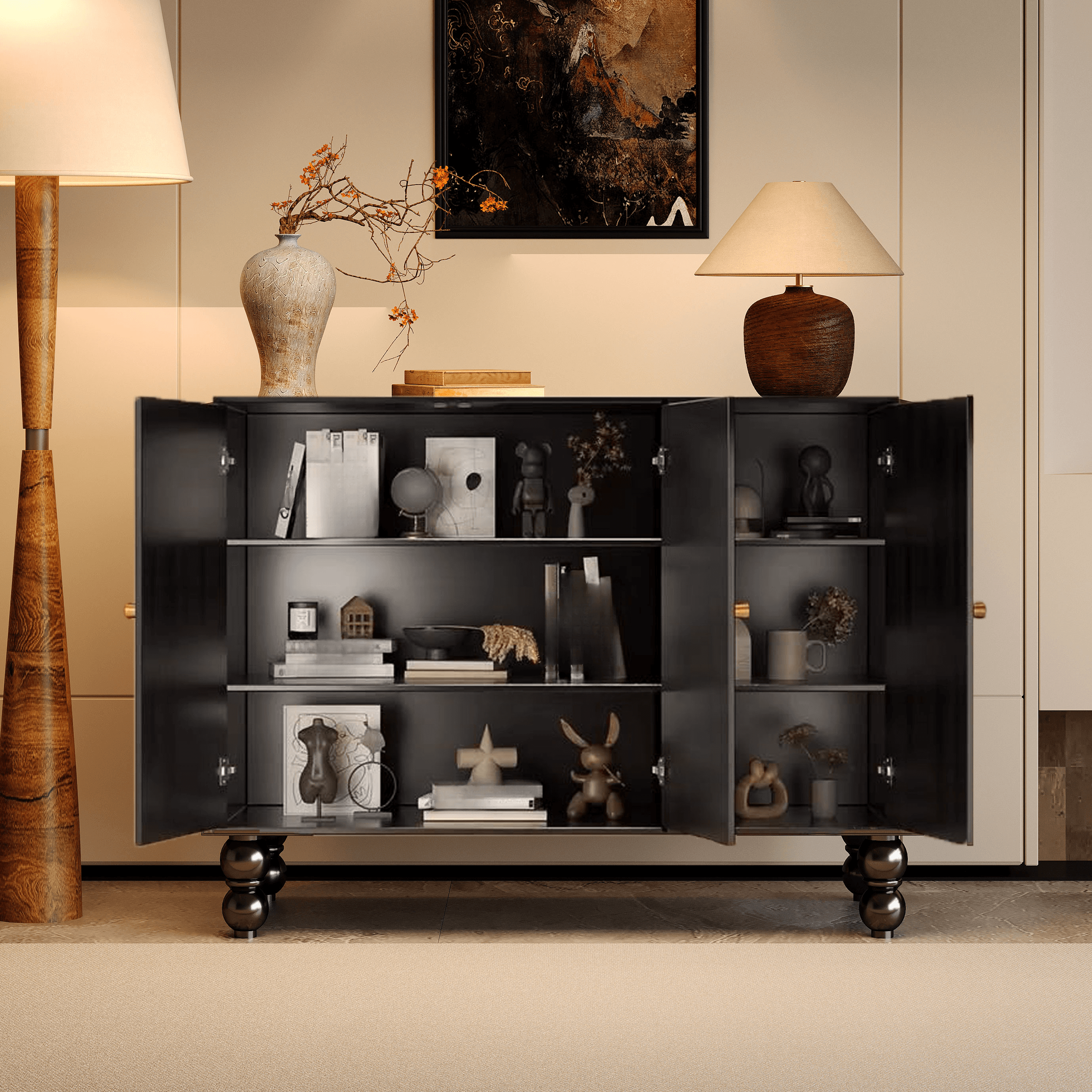 Asian Unattached Scratch-repellent Midnight Black Lumber Utility Storage Cabinet with Pull Knobs & Closet - image 9