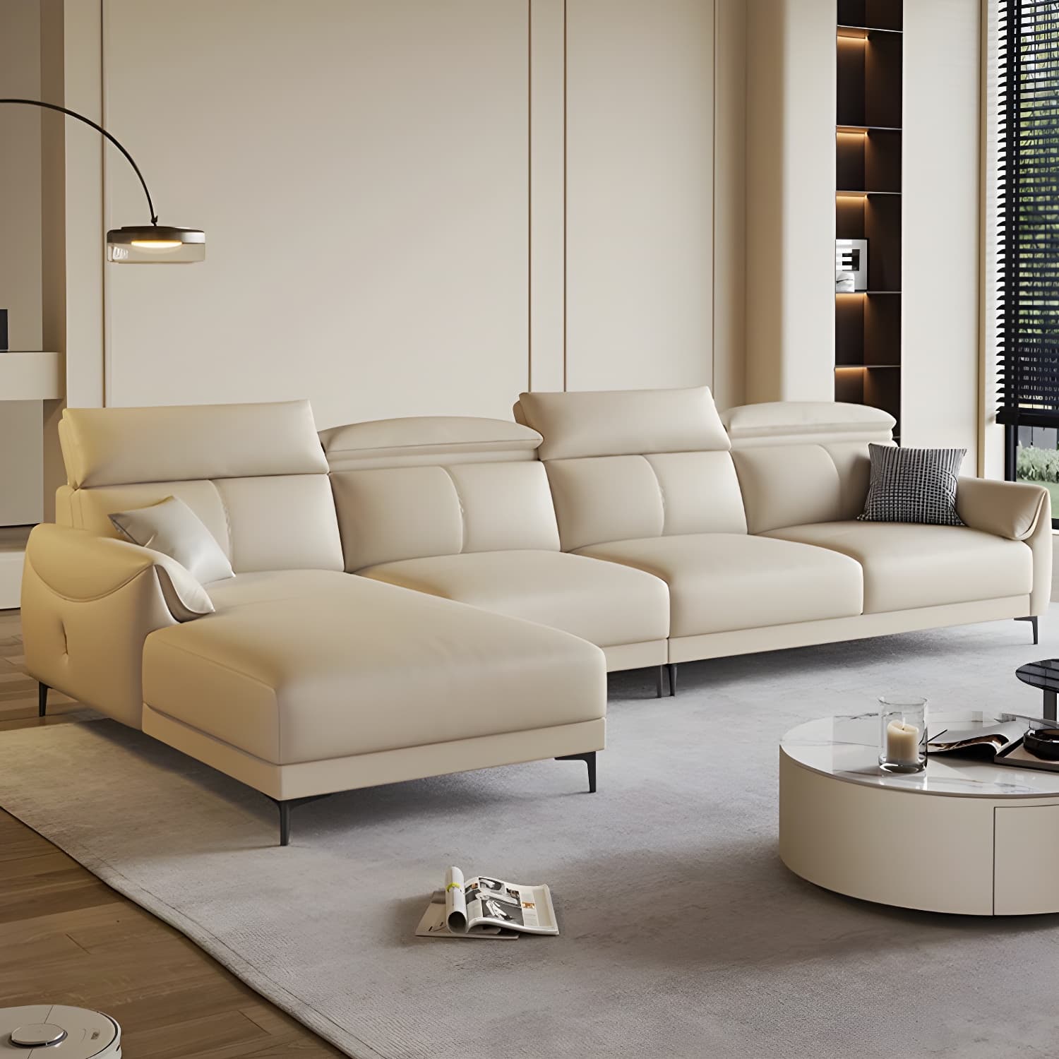 Modern Beige Genuine Leather Sectional Sofa with Adjustable Headrest - image 7