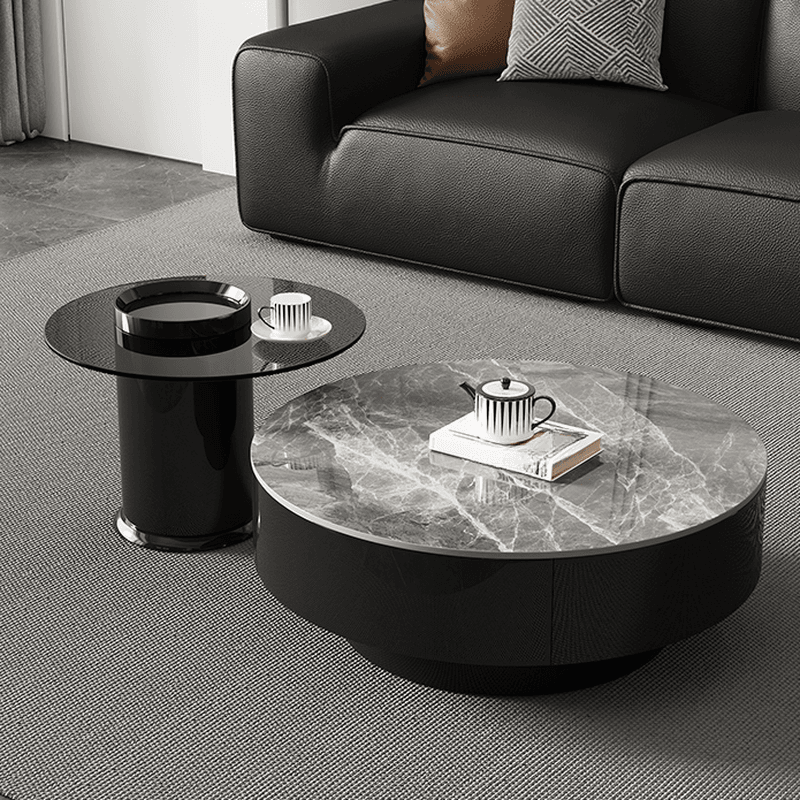 Elegant 1-Tier Circular-shaped Slate Side Table with Drum Base and Midnight Black Top, Includes 2 Drawers/1 Drawer - image 4