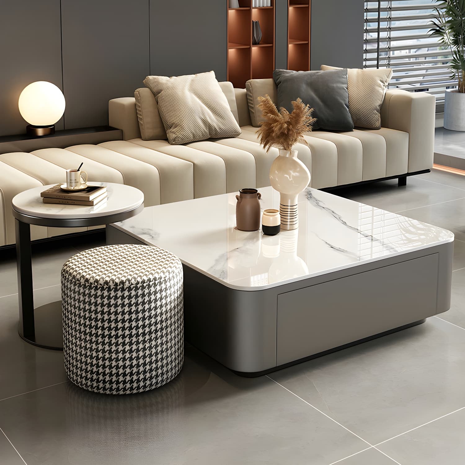 Modern Square Stone Coffee Table Set with Black Metal Block Base and Storage Drawers - image 11