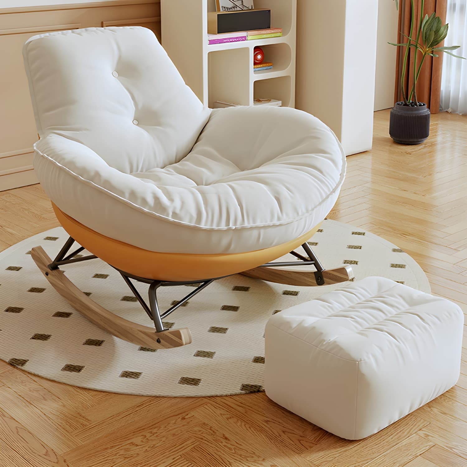 Indoor Contemporary Rocking Chair with Beige Upholstered and Wood Legs - image 13