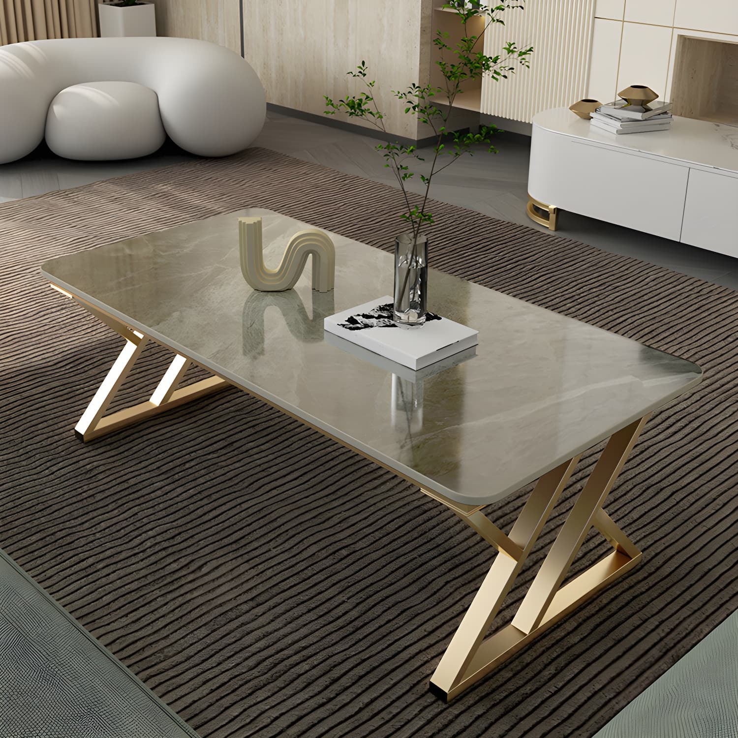 Rectangle Stone Top Coffee Table with Iron Sled Base Cocktail Table