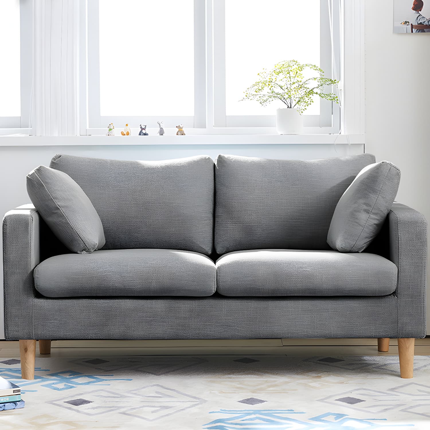 Contemporary Square Arm Couch Faux Leather Loveseat with Pillows - image 11