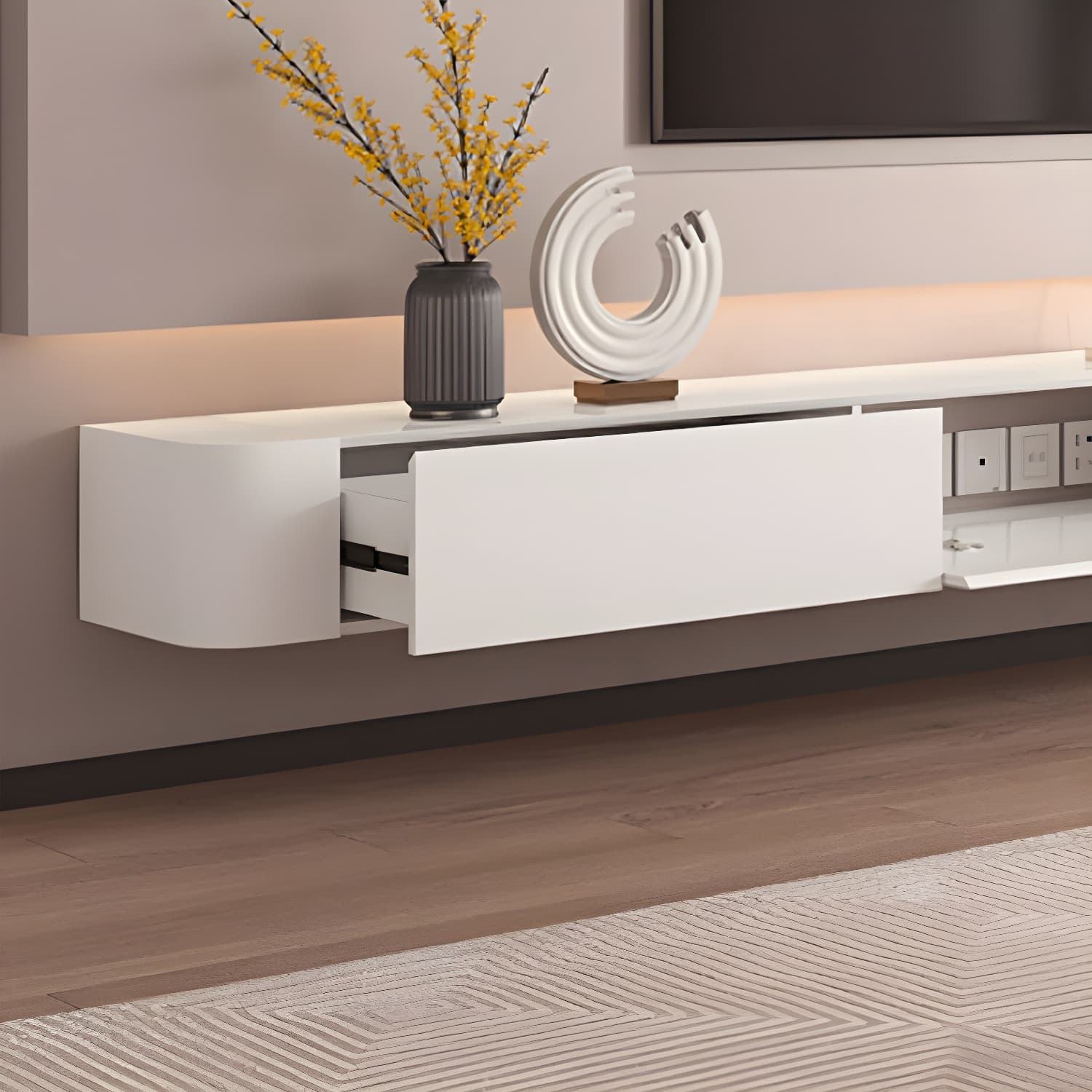 Scandinavian Solid Wood Frame Wall-mounted TV Media Stand with Drawers and Door - image 7