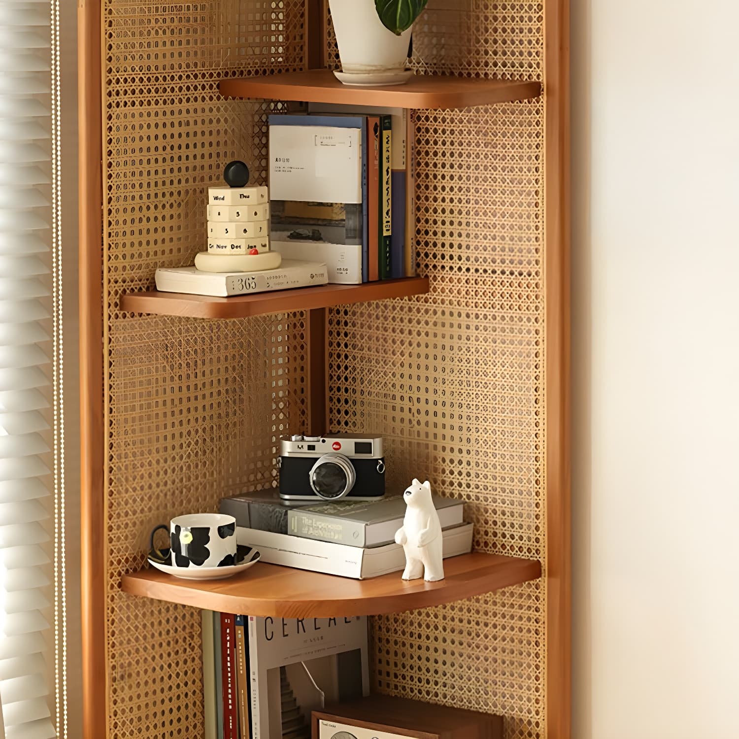 Scandinavian Corner Accent Chest with Natural Wood Counter Top and 4 Open Shelves - image 8