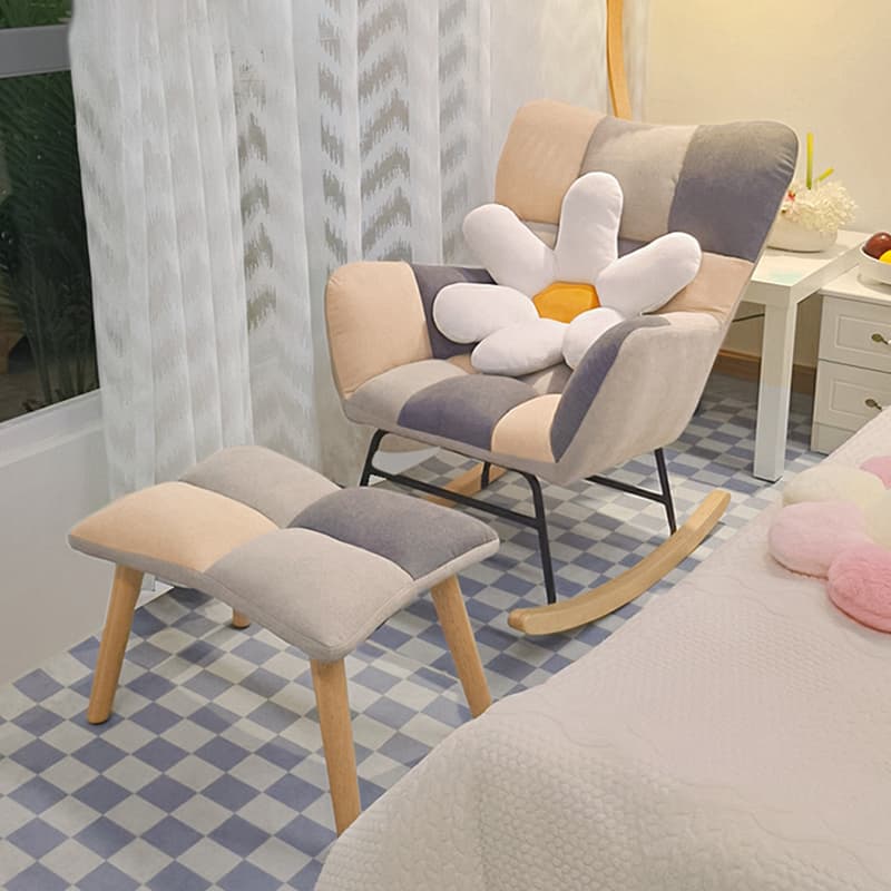 Cotton Cushioned Seat & Back Stationary Rocking Reading Chair with Flared Arm, Footstool, Wing Back & Light Wood Legs - image 16