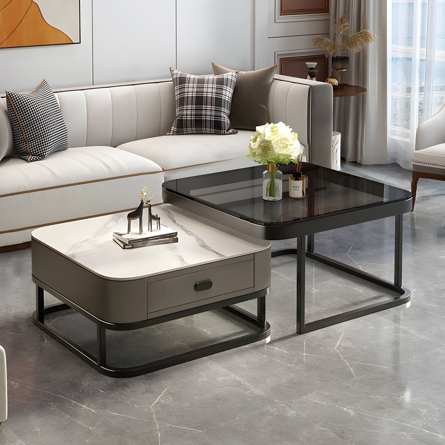Modern Coffee Table Glass Top Square Nesting Coffee Table Set - image 4