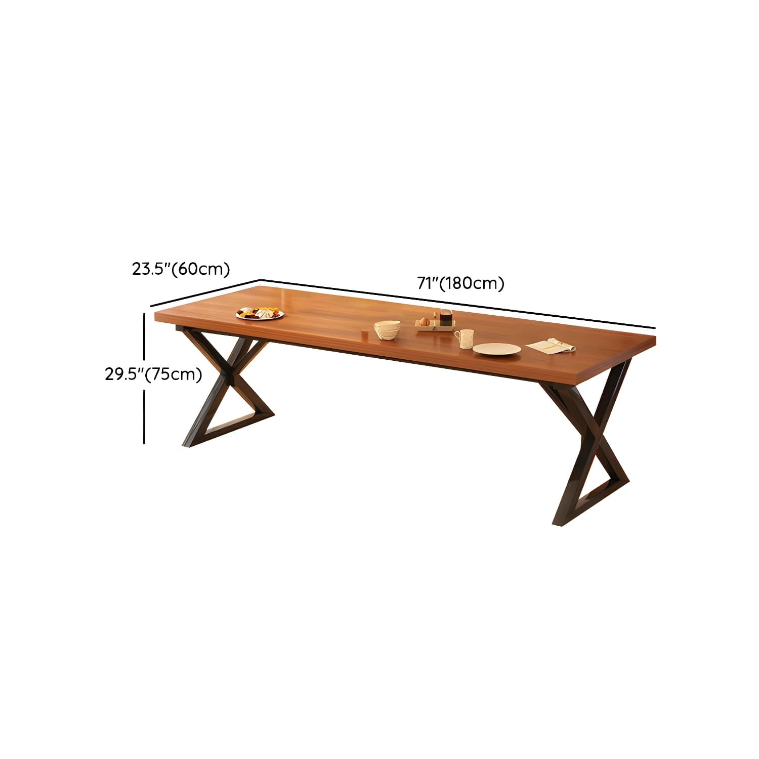 Brown Wood Rectangle Modern Dining Table with Double Black Metal Pedestal Base - image 15