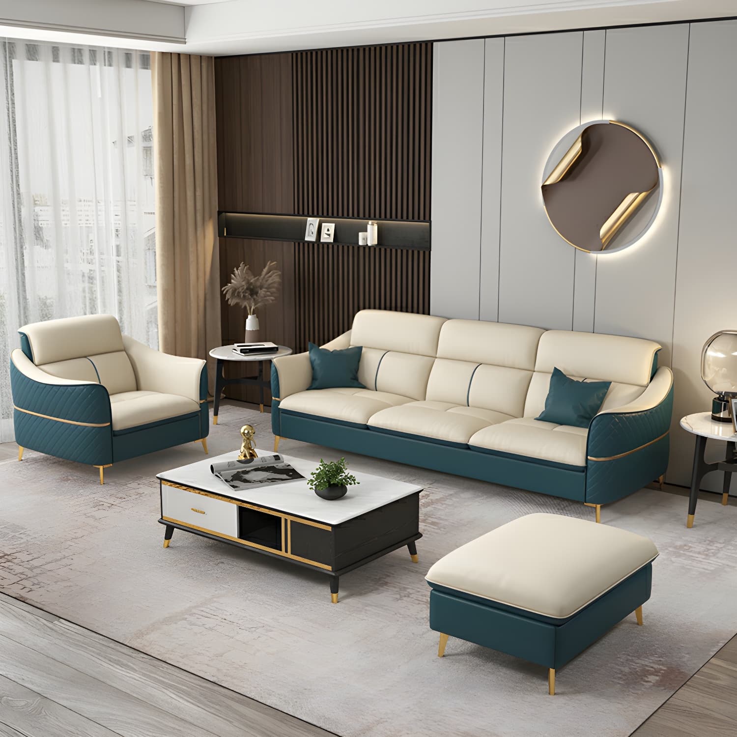 Modern Beige Leather Stationary Sectional Sofa with Cushion Back - image 12