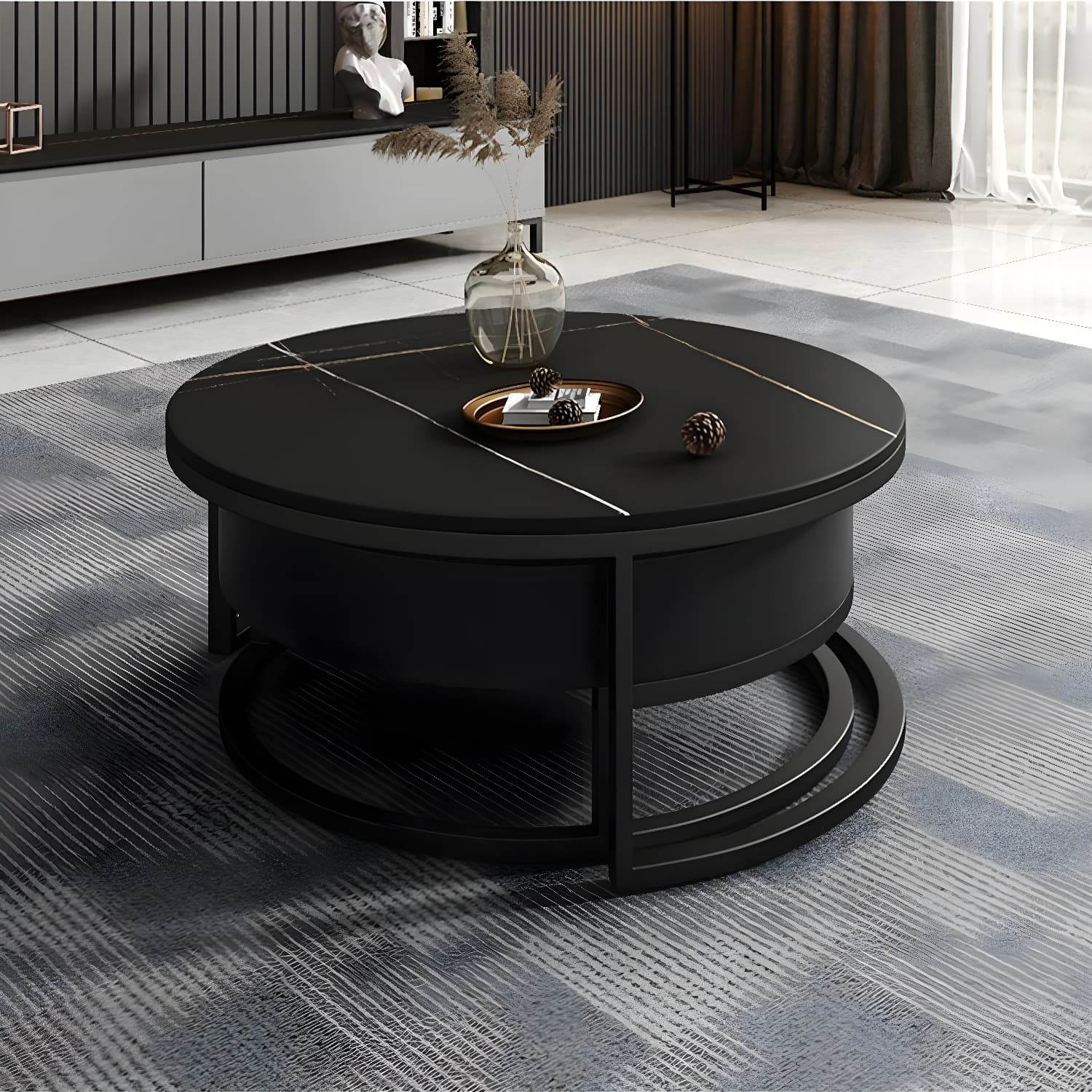 Modern Black Nesting Coffee Tables, 2 Set, Round Stone Top, Steel Frame with Storage - image 6
