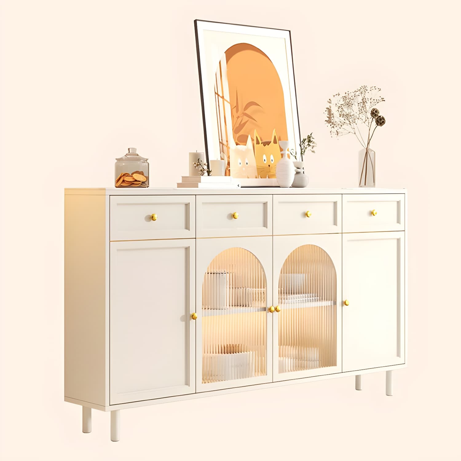 Scandinavian Wood Buffet Sideboard with Stone Countertop and Glass Doors - image 12