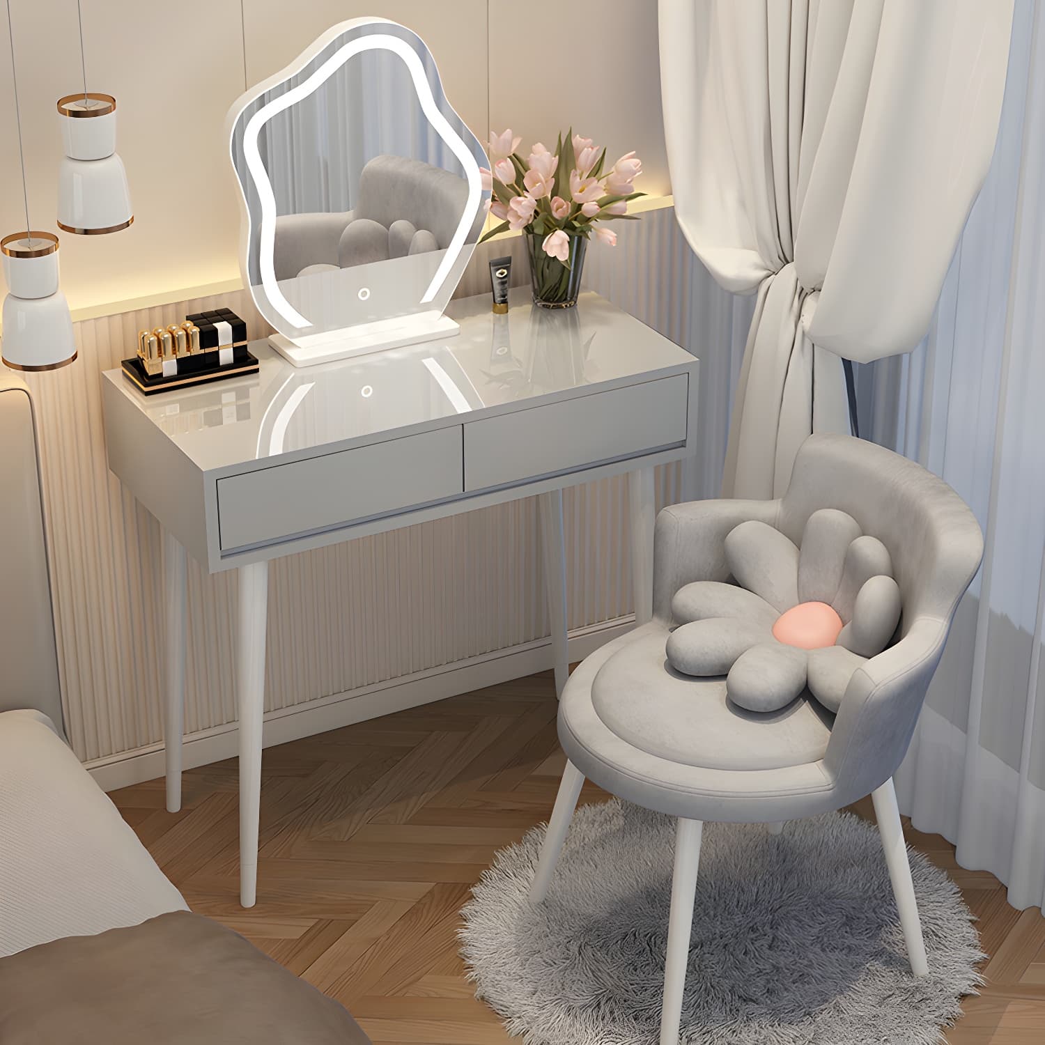 Contemporary Lighted Mirror Makeup Vanity Desk in Wood Vanity Dressing Table Set - image 4