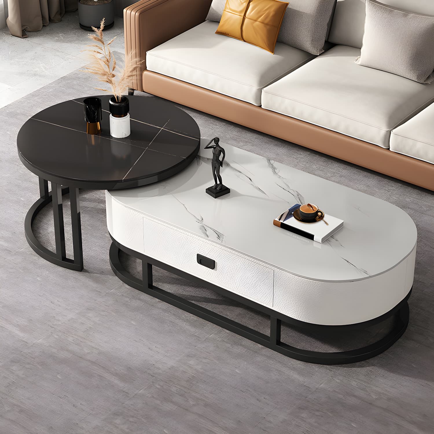 Slate Coffee Table Oval Nesting Coffee Table Set with Metal Legs - image 6