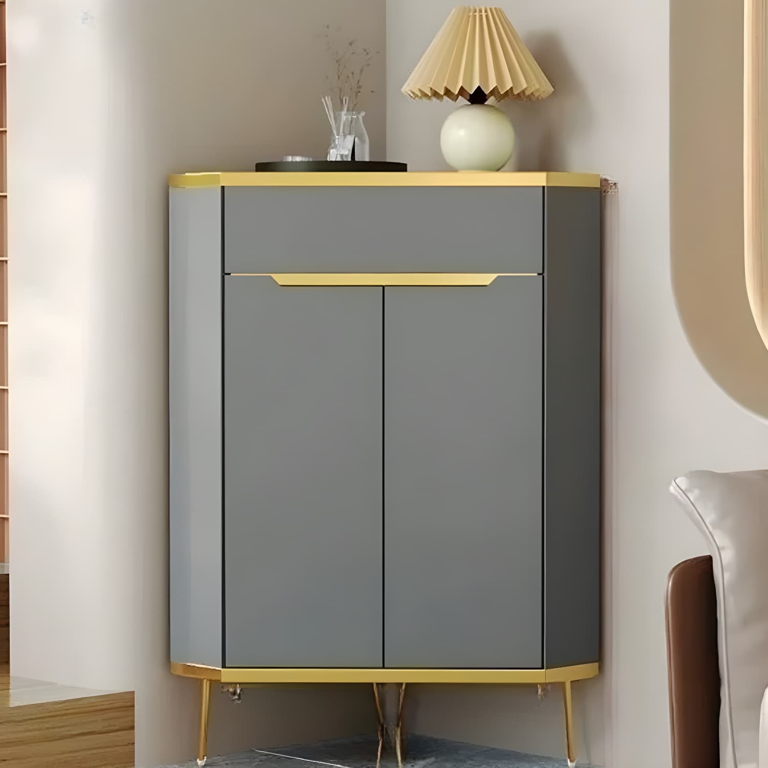 Glam Gold Corner Cabinet with Drawers and Cabinet Included- Scratch resistant & Soft-Close Doors