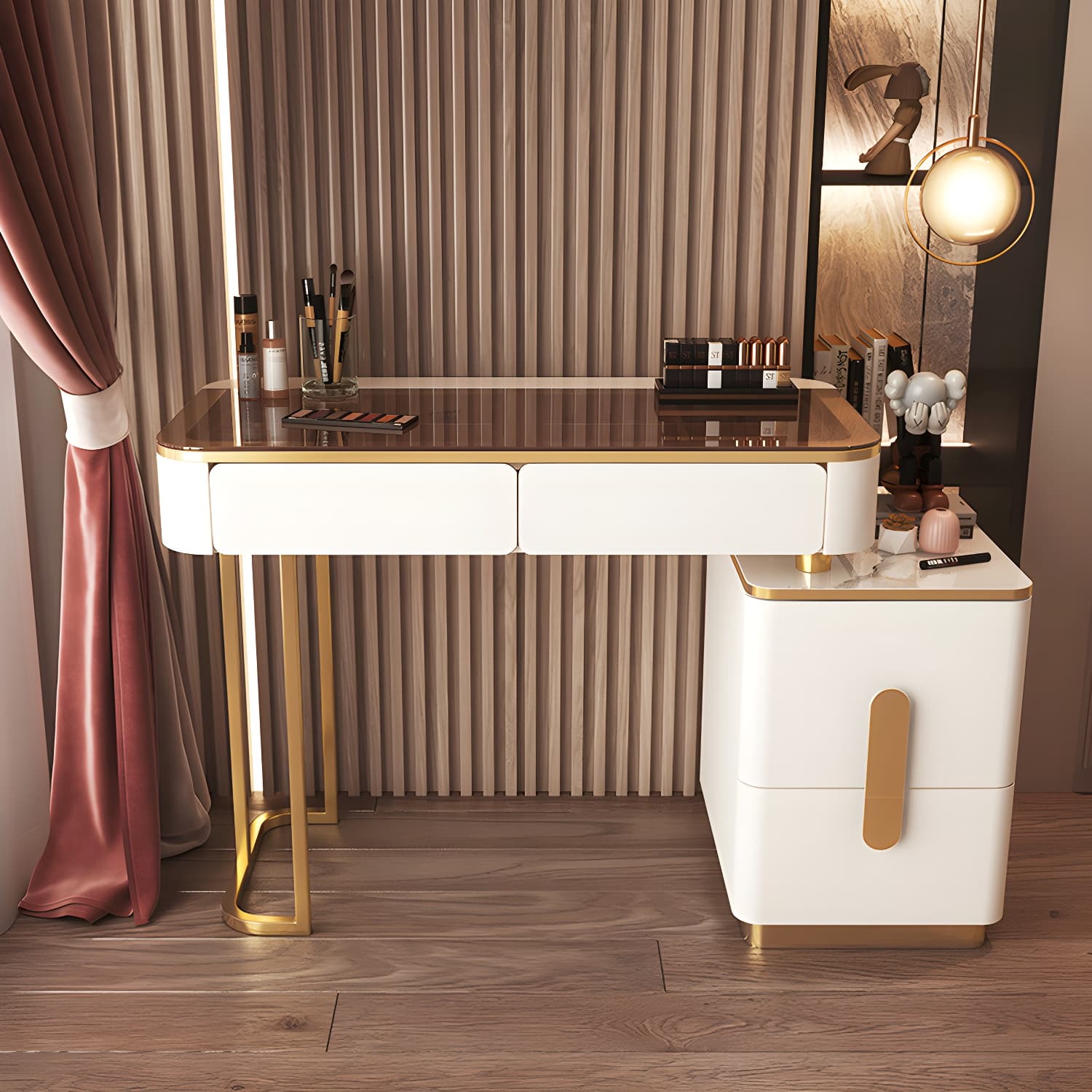 Glass Top Make-up Vanity Wood Dressing Table with Storage Drawers - image 4