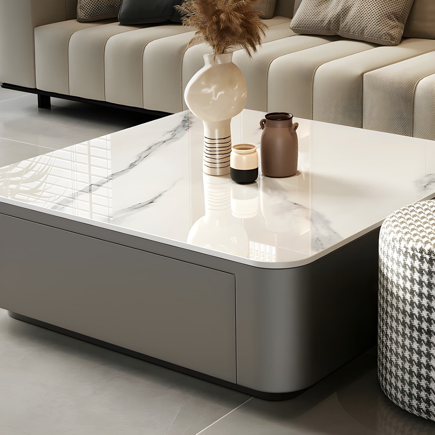 Modern Square Stone Coffee Table Set with Black Metal Block Base and Storage Drawers - image 14