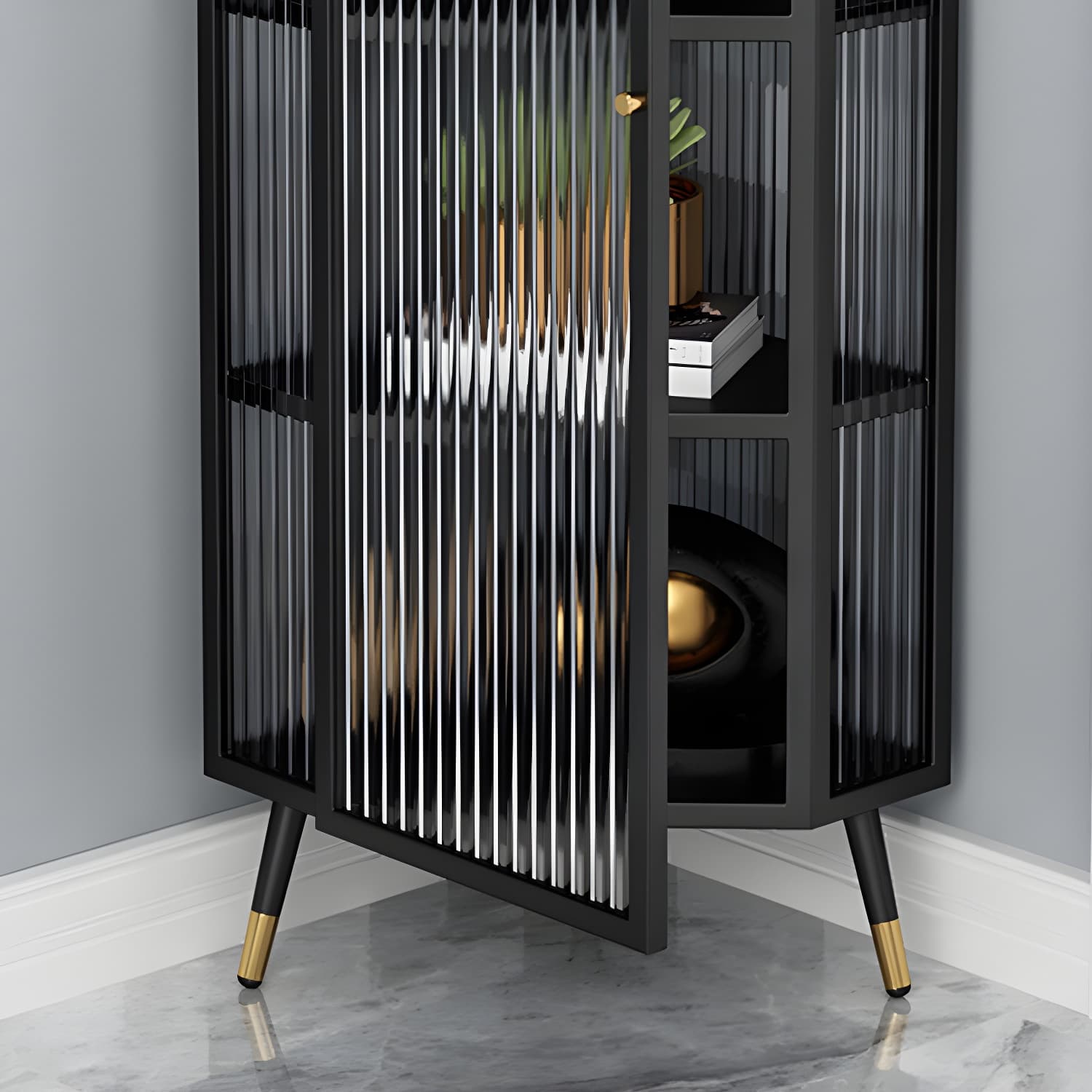 Urban Modern Iron Corner Accent Cabinet with Glass Doors and Exterior Shelving - image 8